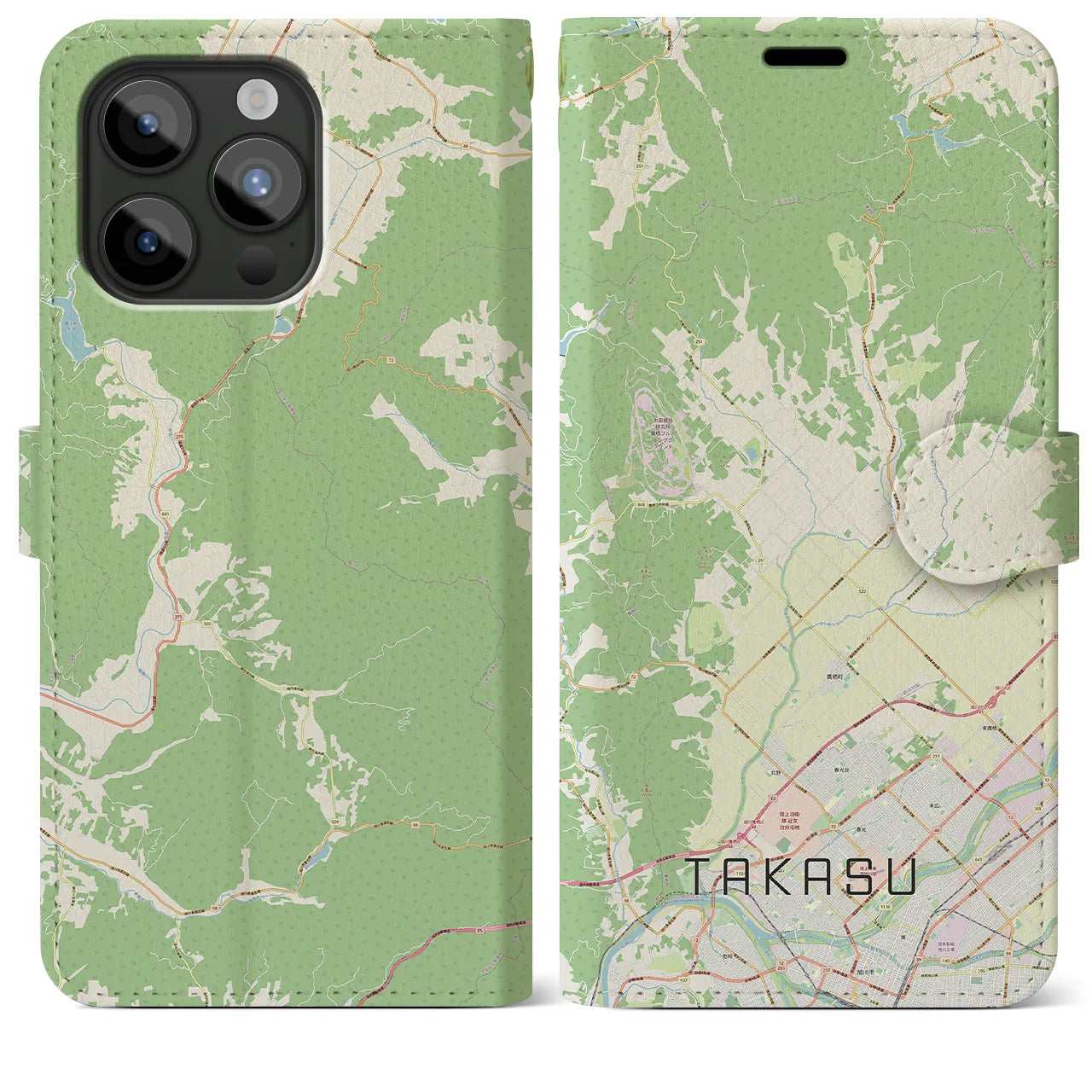 【鷹栖(北海道)】地図柄iPhoneケース(手帳タイプ)ナチュラル・iPhone 15 Pro Max 用