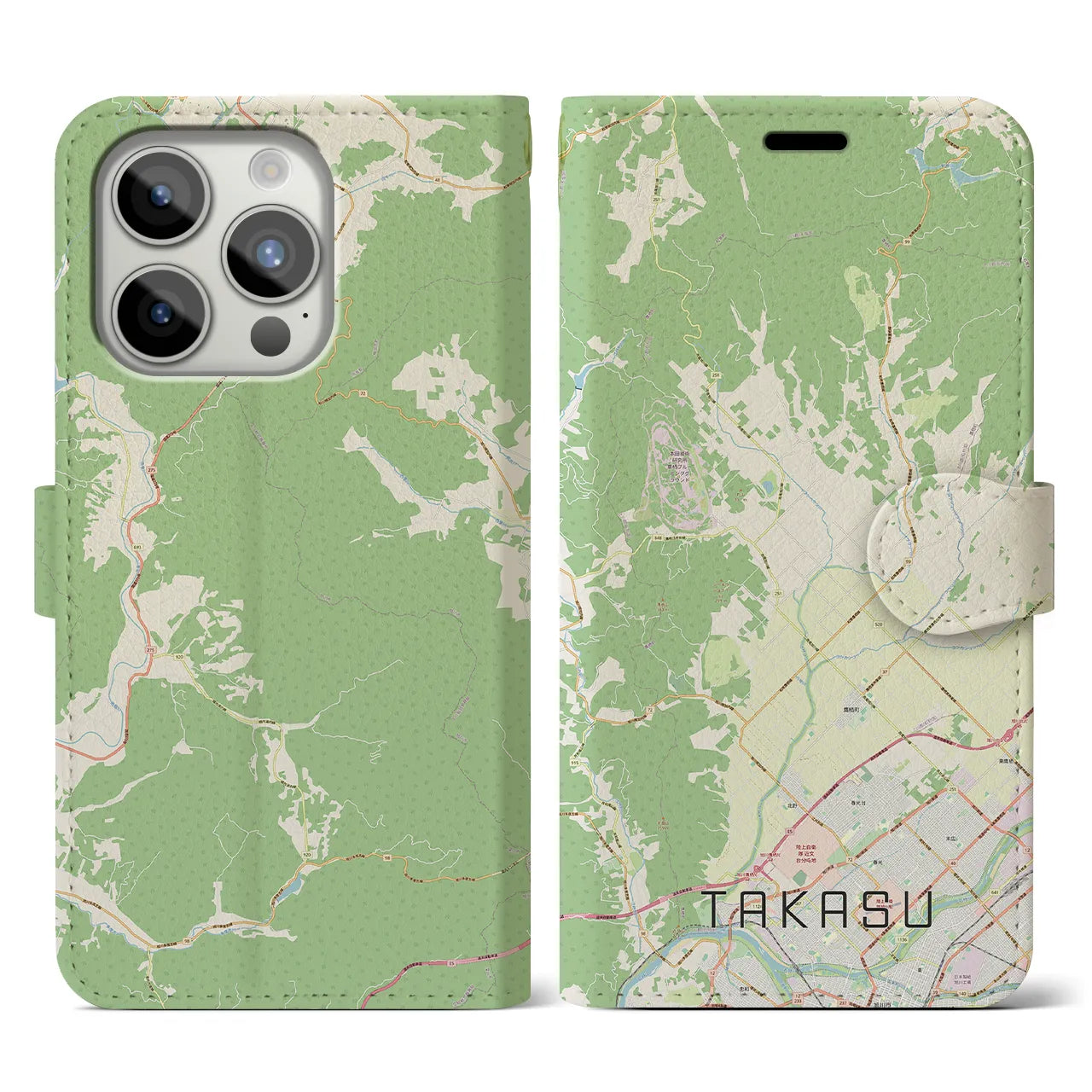 【鷹栖(北海道)】地図柄iPhoneケース(手帳タイプ)ナチュラル・iPhone 15 Pro 用
