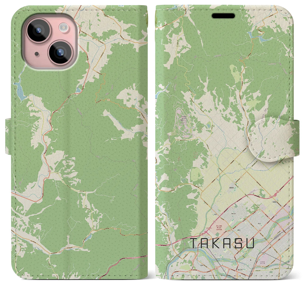 【鷹栖(北海道)】地図柄iPhoneケース(手帳タイプ)ナチュラル・iPhone 15 Plus 用