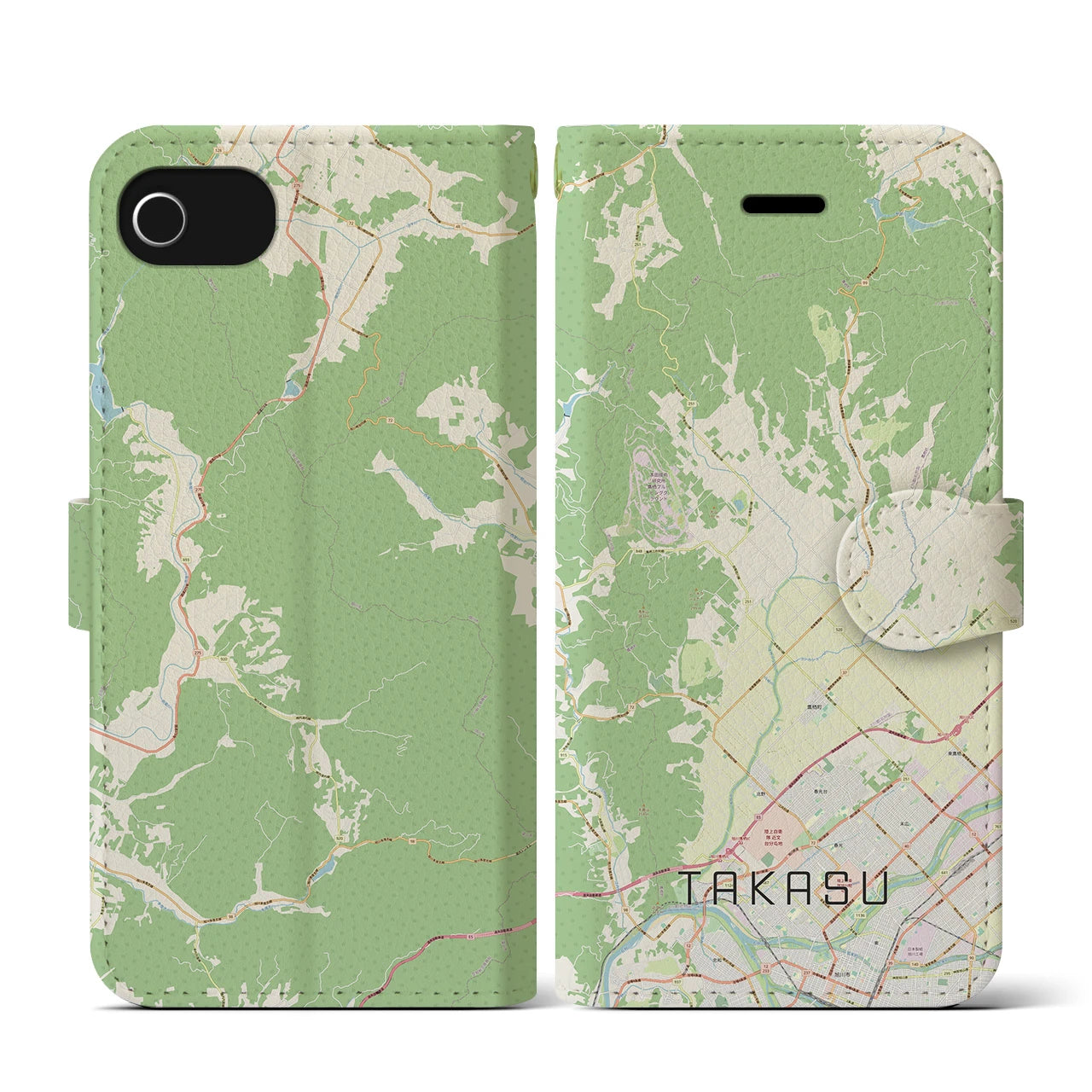 【鷹栖(北海道)】地図柄iPhoneケース(手帳タイプ)ナチュラル・iPhone SE(第3 / 第2世代) / 8 / 7 / 6s / 6 用