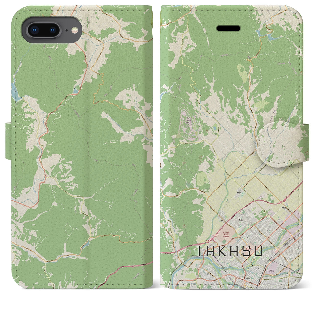 【鷹栖(北海道)】地図柄iPhoneケース(手帳タイプ)ナチュラル・iPhone 8Plus /7Plus / 6sPlus / 6Plus 用