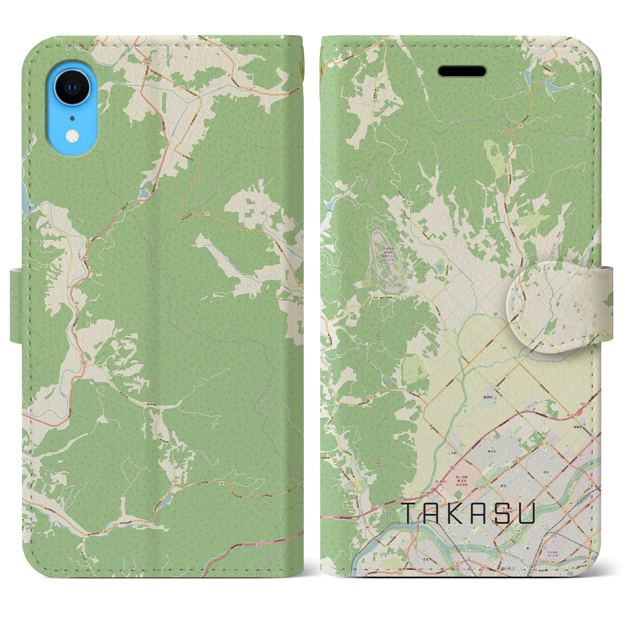 【鷹栖(北海道)】地図柄iPhoneケース(手帳タイプ)ナチュラル・iPhone XR 用