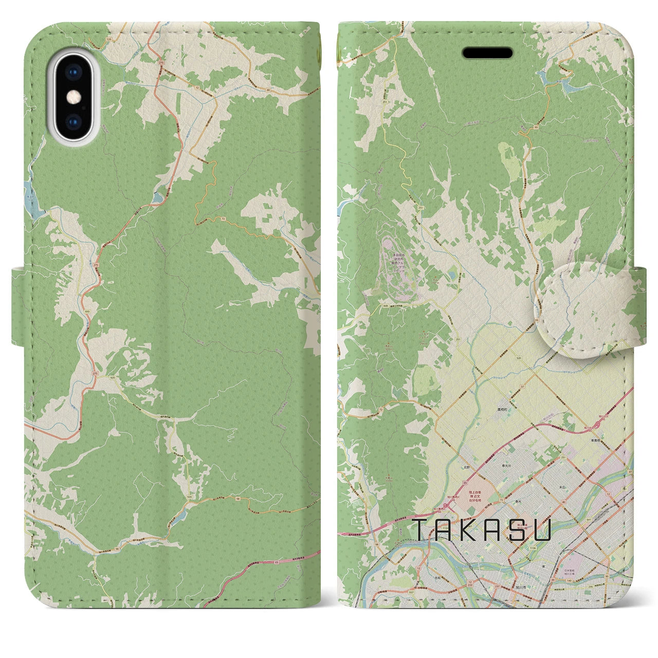 【鷹栖(北海道)】地図柄iPhoneケース(手帳タイプ)ナチュラル・iPhone XS Max 用