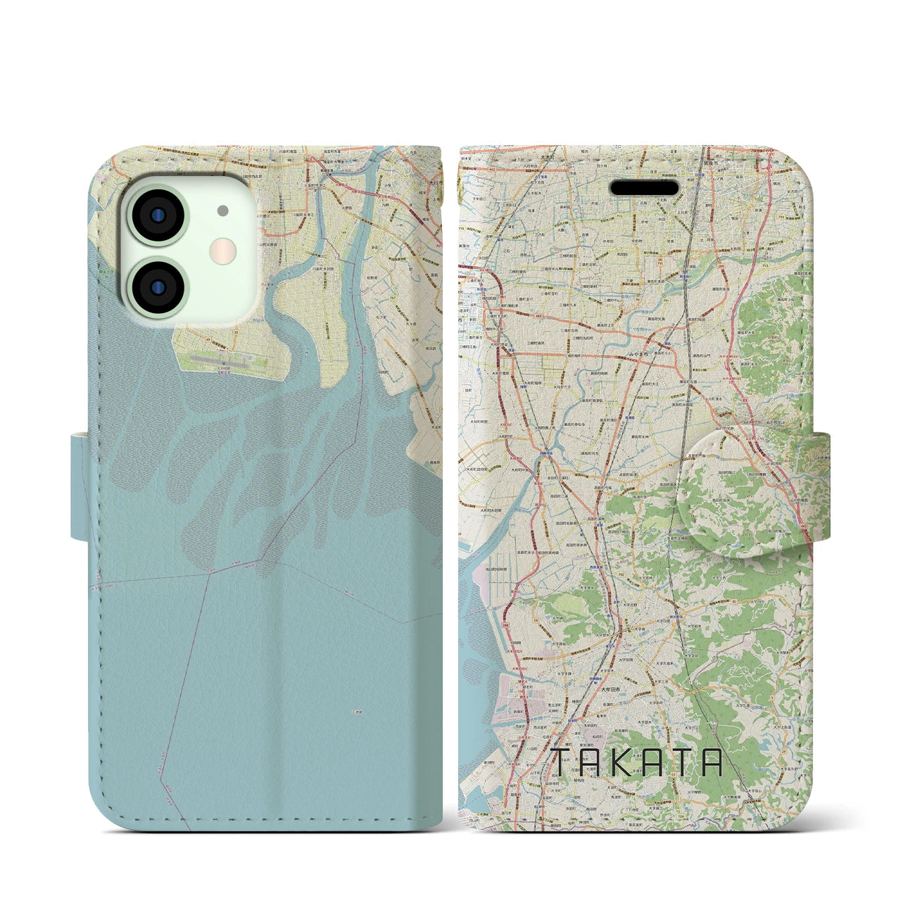 【高田(福岡県)】地図柄iPhoneケース(手帳タイプ)ナチュラル・iPhone 12 mini 用