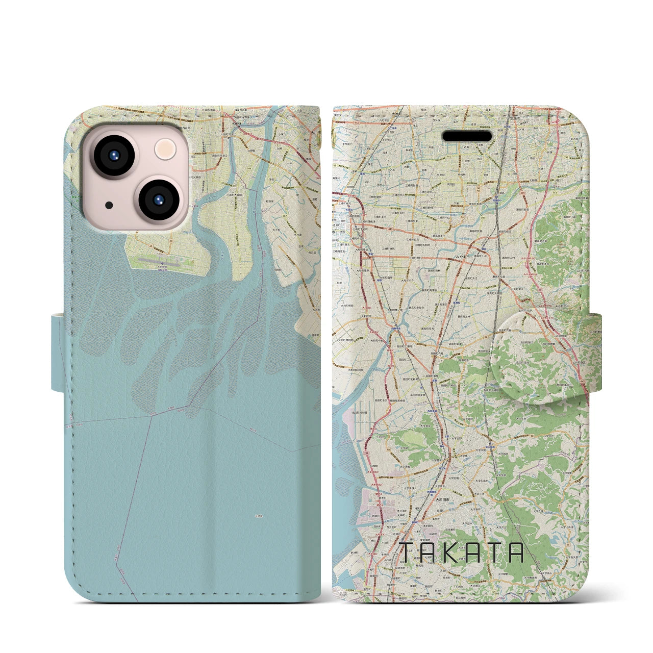 【高田(福岡県)】地図柄iPhoneケース(手帳タイプ)ナチュラル・iPhone 13 mini 用