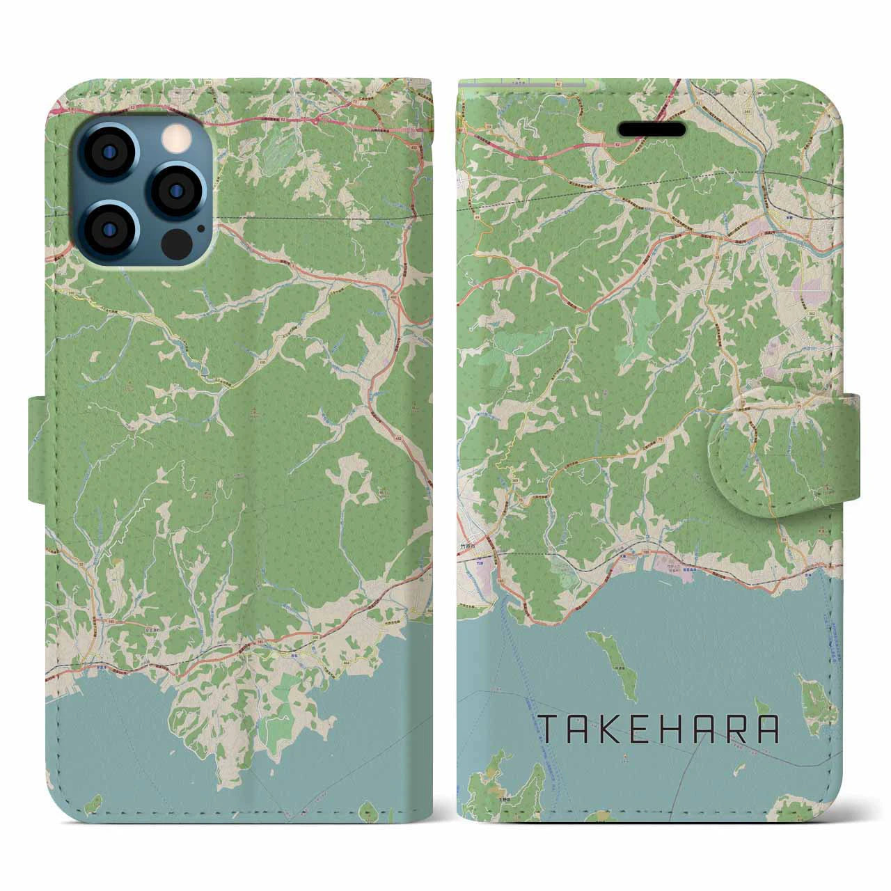 【竹原(広島県)】地図柄iPhoneケース(手帳タイプ)ナチュラル・iPhone 12 / 12 Pro 用