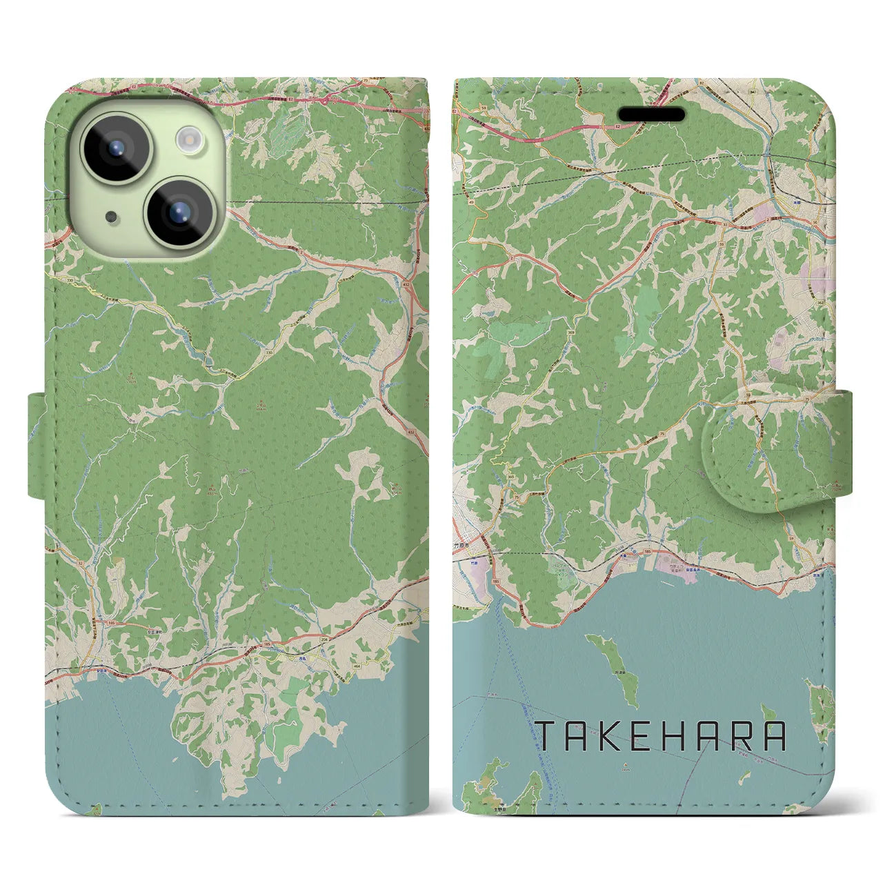 【竹原(広島県)】地図柄iPhoneケース(手帳タイプ)ナチュラル・iPhone 15 用