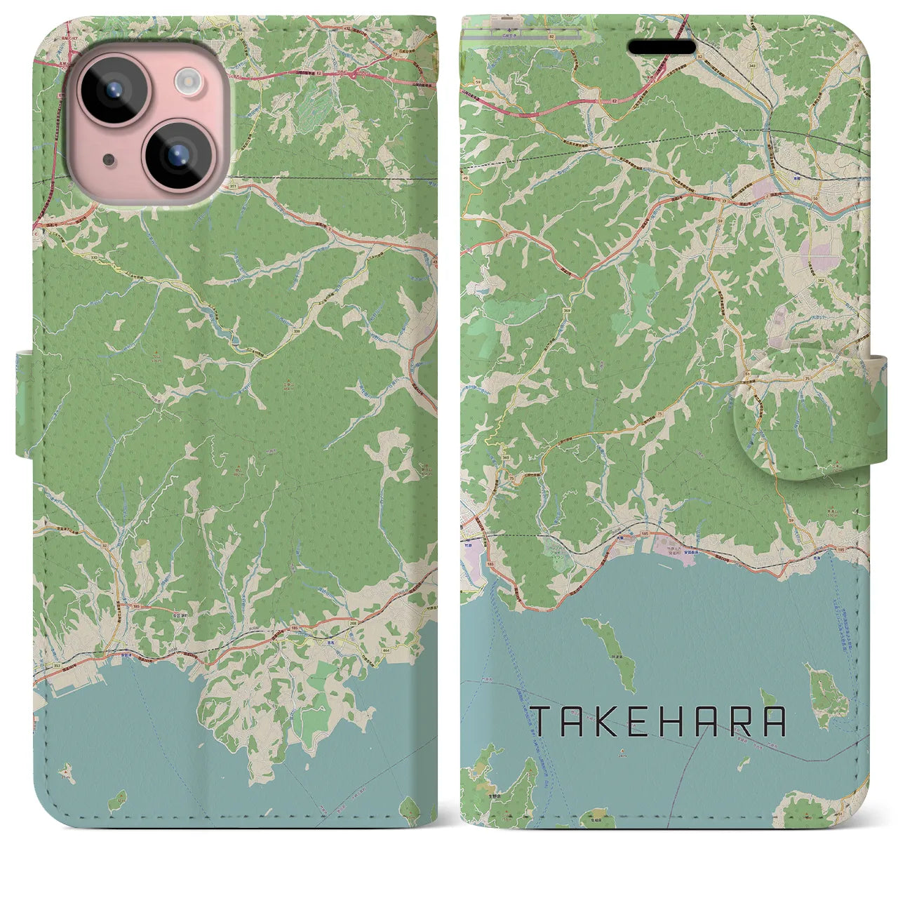 【竹原(広島県)】地図柄iPhoneケース(手帳タイプ)ナチュラル・iPhone 15 Plus 用