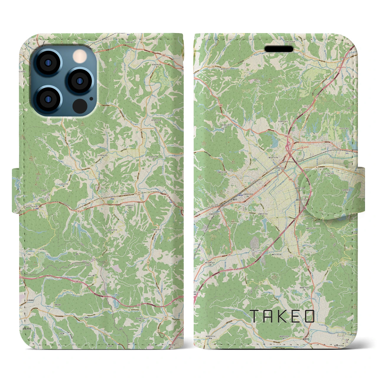 【武雄(佐賀県)】地図柄iPhoneケース(手帳タイプ)ナチュラル・iPhone 12 / 12 Pro 用