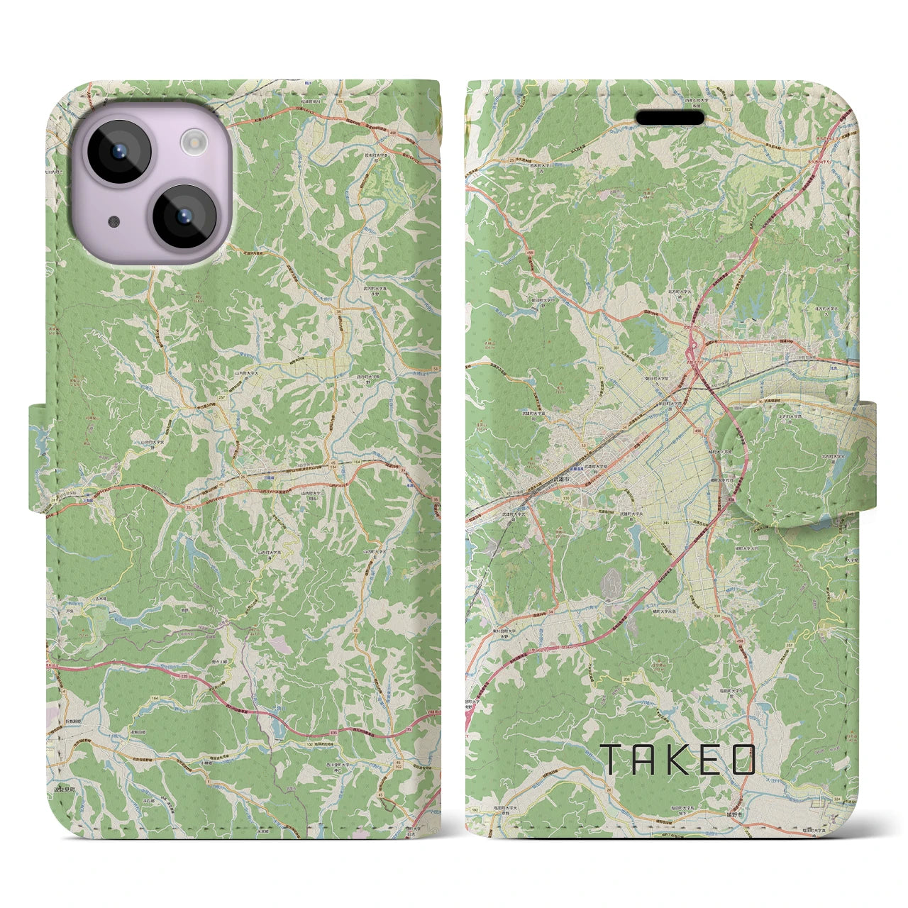 【武雄(佐賀県)】地図柄iPhoneケース(手帳タイプ)ナチュラル・iPhone 14 用