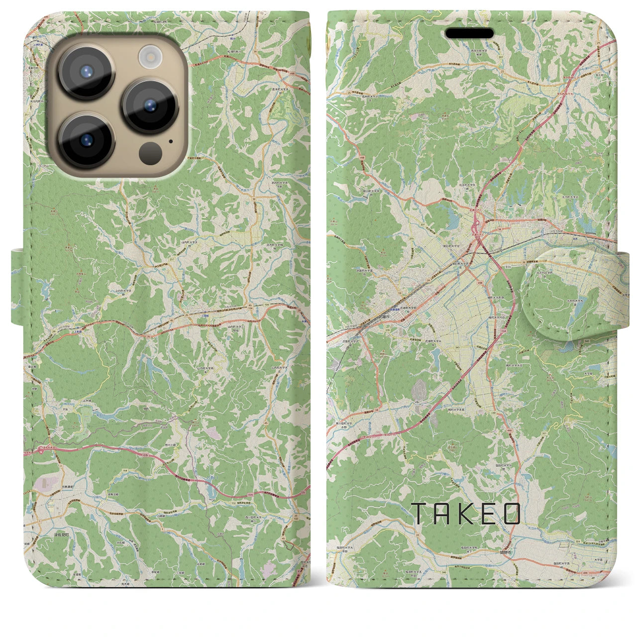 【武雄(佐賀県)】地図柄iPhoneケース(手帳タイプ)ナチュラル・iPhone 14 Pro Max 用