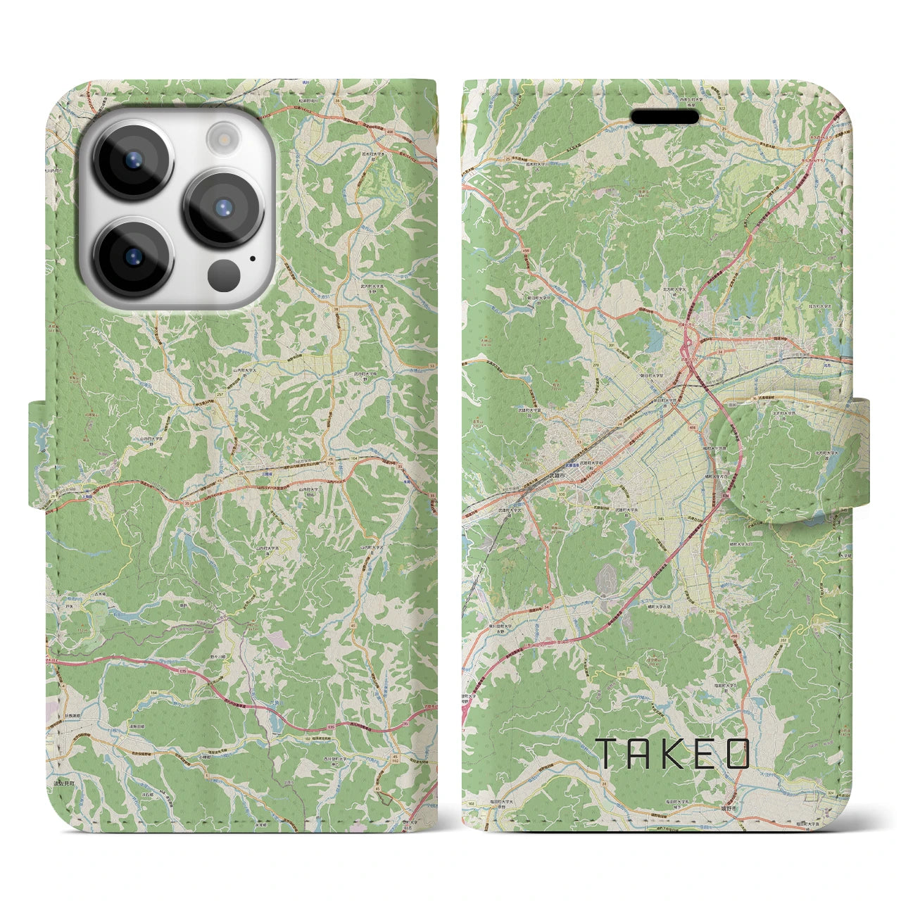 【武雄(佐賀県)】地図柄iPhoneケース(手帳タイプ)ナチュラル・iPhone 14 Pro 用