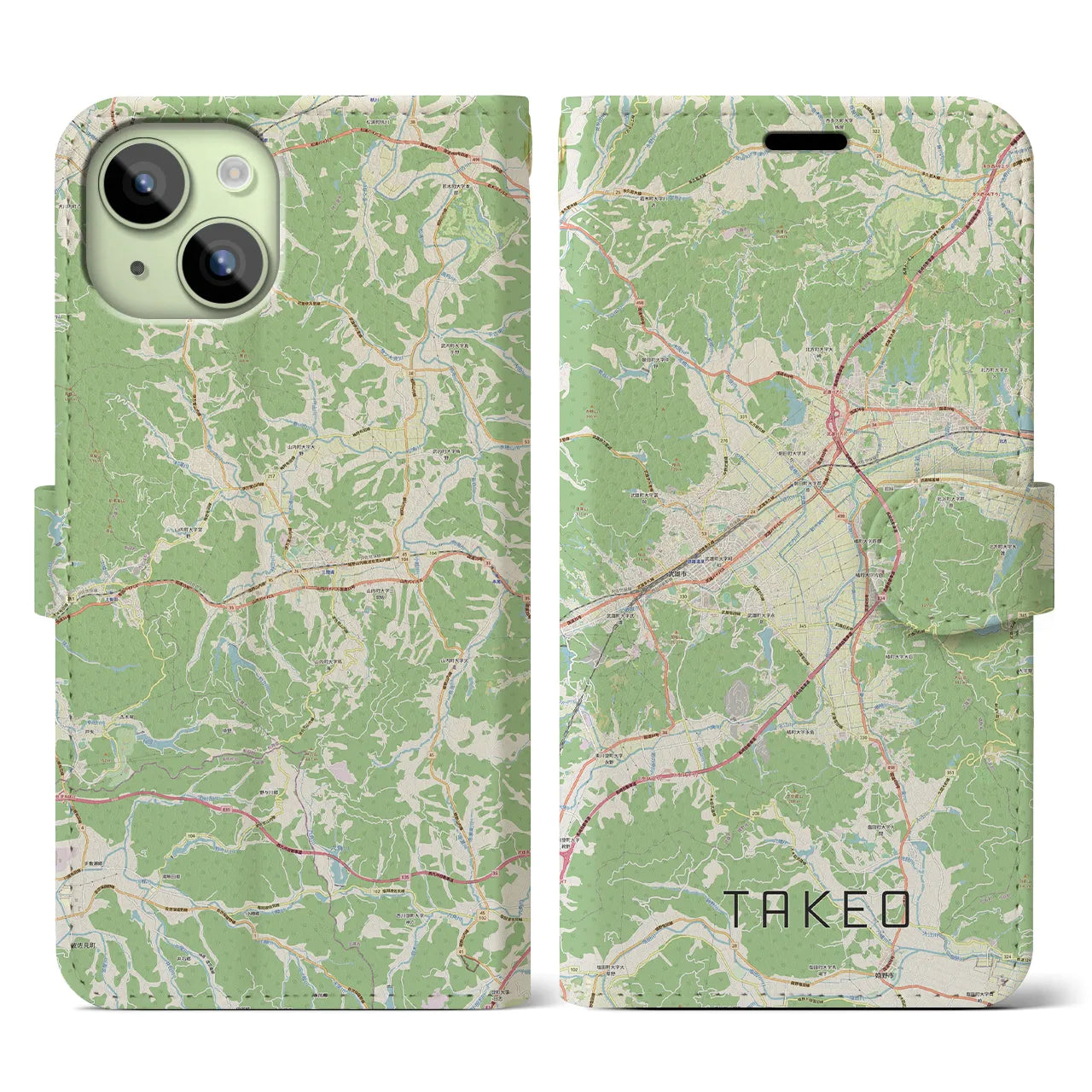 【武雄(佐賀県)】地図柄iPhoneケース(手帳タイプ)ナチュラル・iPhone 15 用
