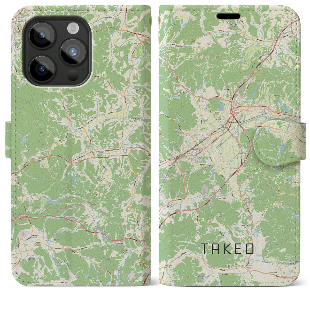 【武雄(佐賀県)】地図柄iPhoneケース(手帳タイプ)ナチュラル・iPhone 15 Pro Max 用
