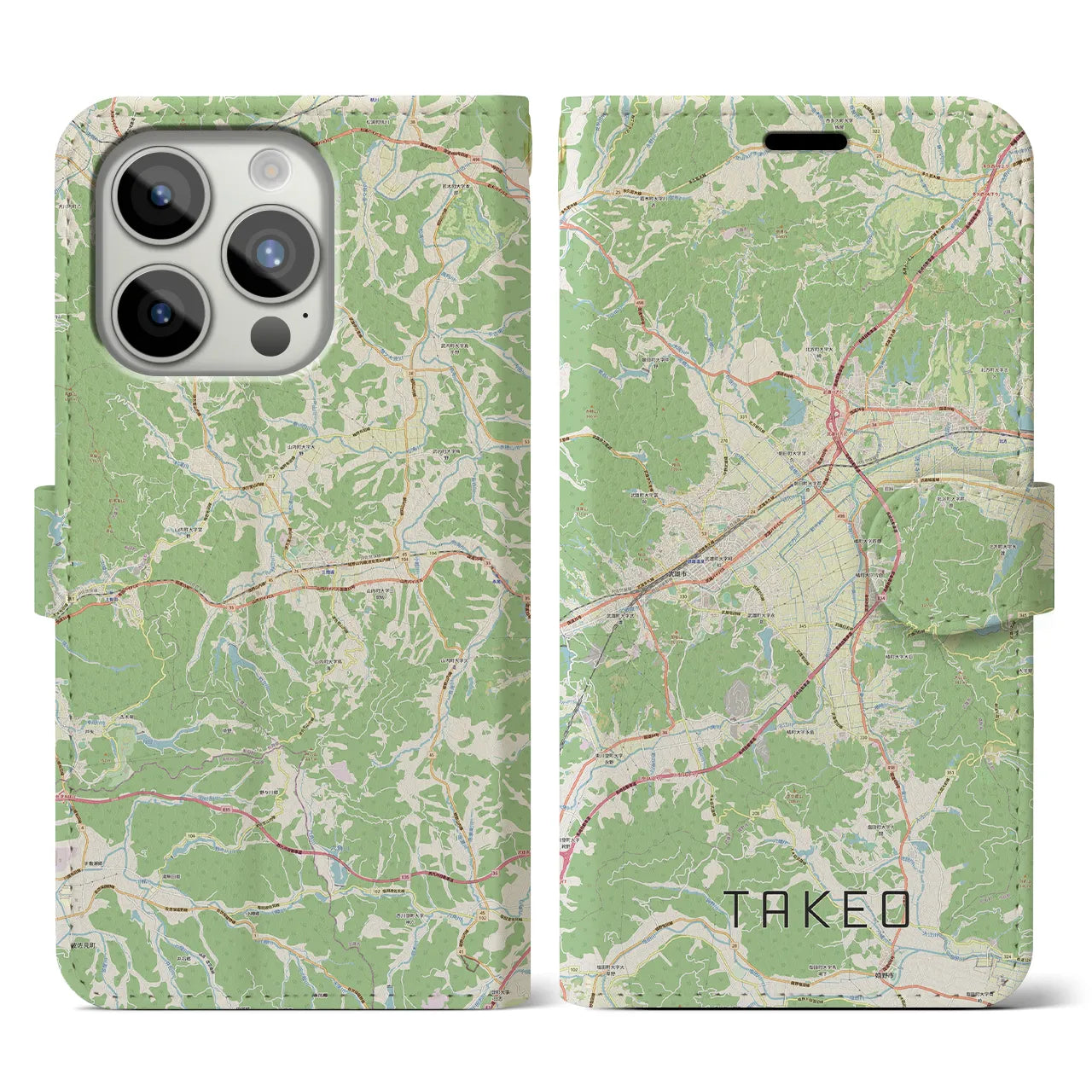 【武雄(佐賀県)】地図柄iPhoneケース(手帳タイプ)ナチュラル・iPhone 15 Pro 用
