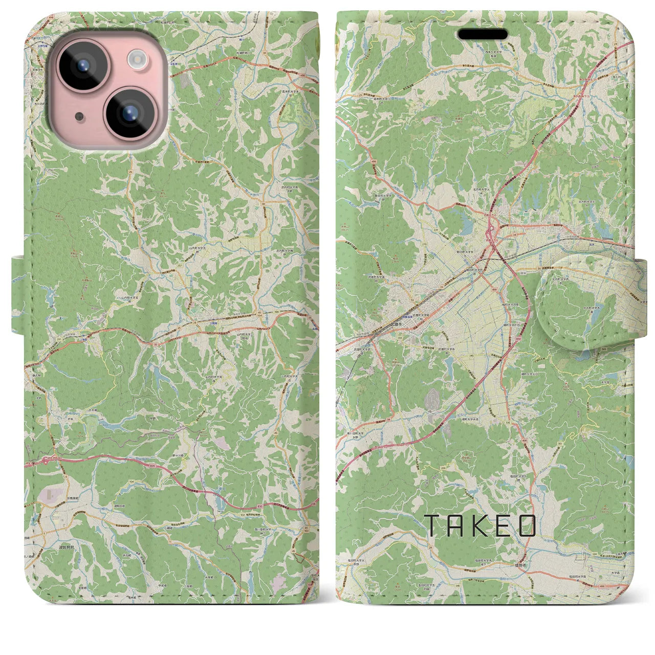 【武雄(佐賀県)】地図柄iPhoneケース(手帳タイプ)ナチュラル・iPhone 15 Plus 用