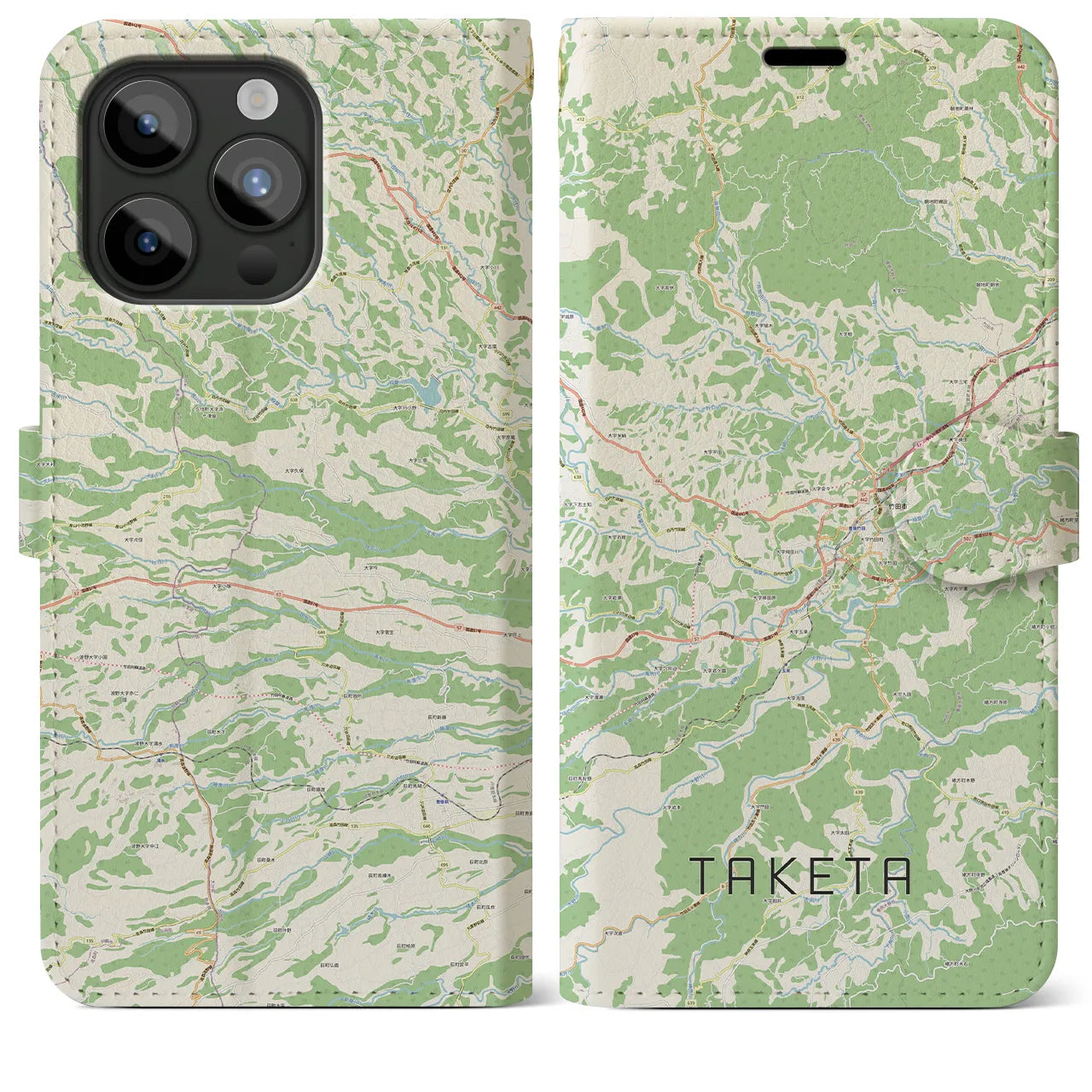 【竹田(大分県)】地図柄iPhoneケース(手帳タイプ)ナチュラル・iPhone 15 Pro Max 用