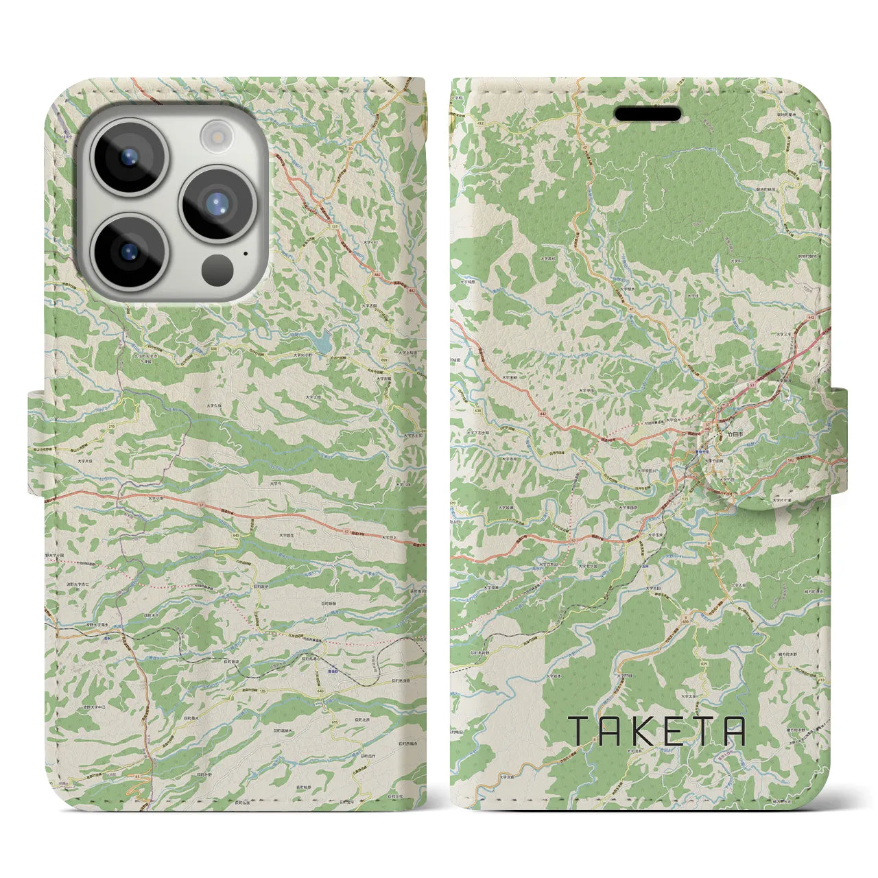 【竹田(大分県)】地図柄iPhoneケース(手帳タイプ)ナチュラル・iPhone 15 Pro 用