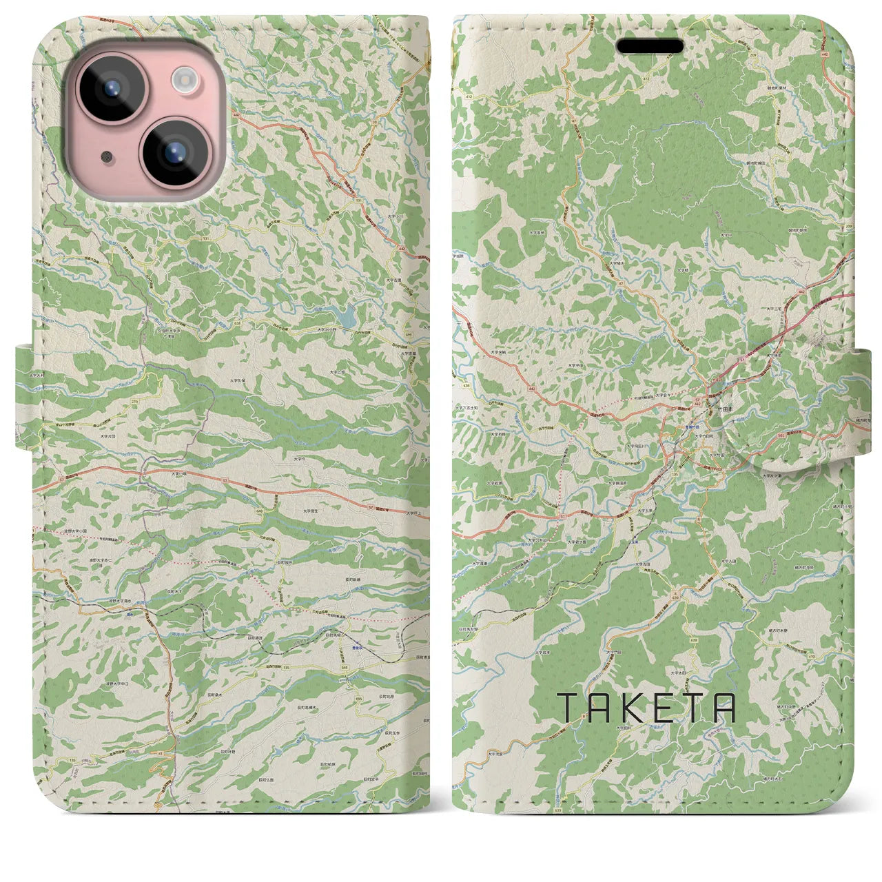 【竹田(大分県)】地図柄iPhoneケース(手帳タイプ)ナチュラル・iPhone 15 Plus 用