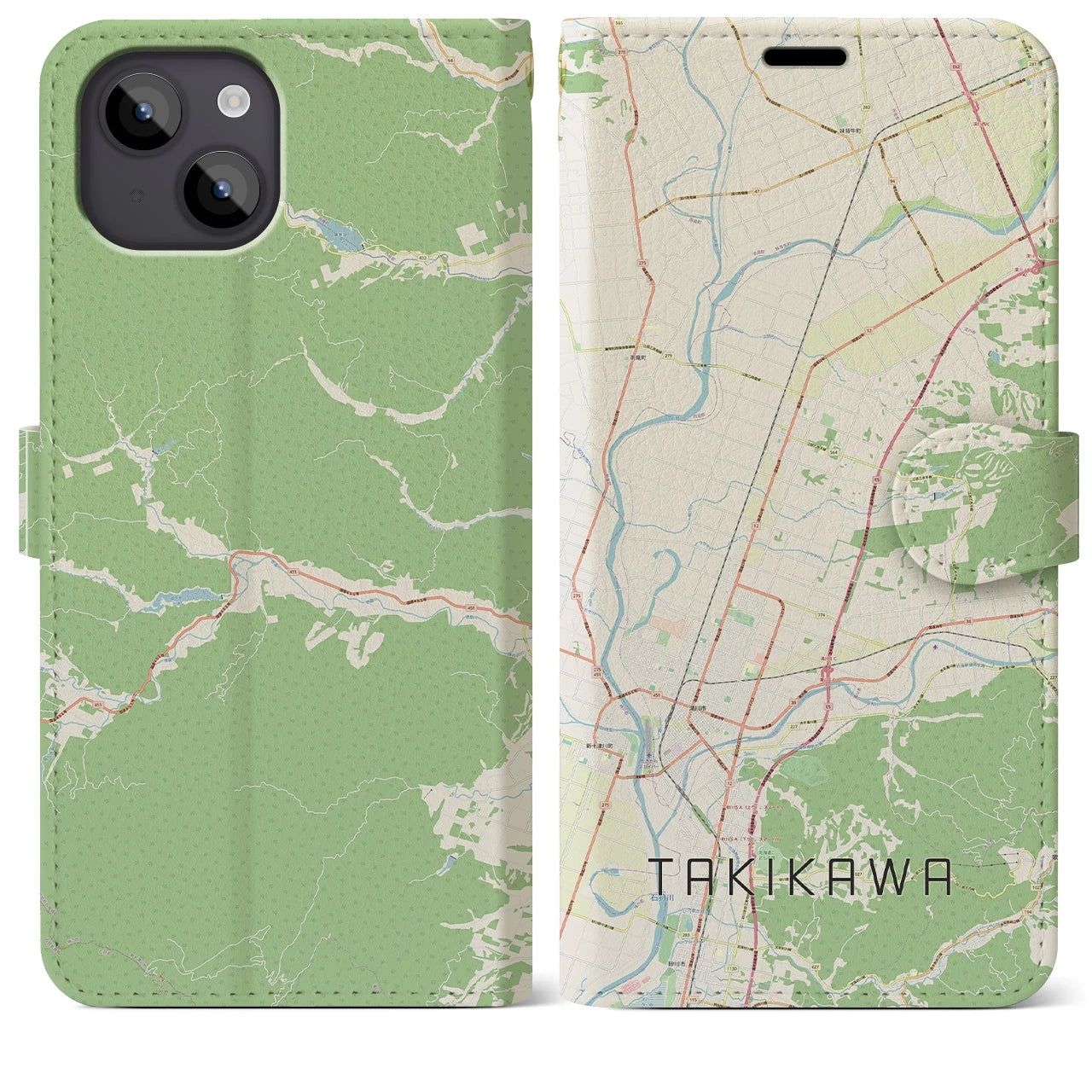 【滝川(北海道)】地図柄iPhoneケース(手帳タイプ)ナチュラル・iPhone 14 Plus 用