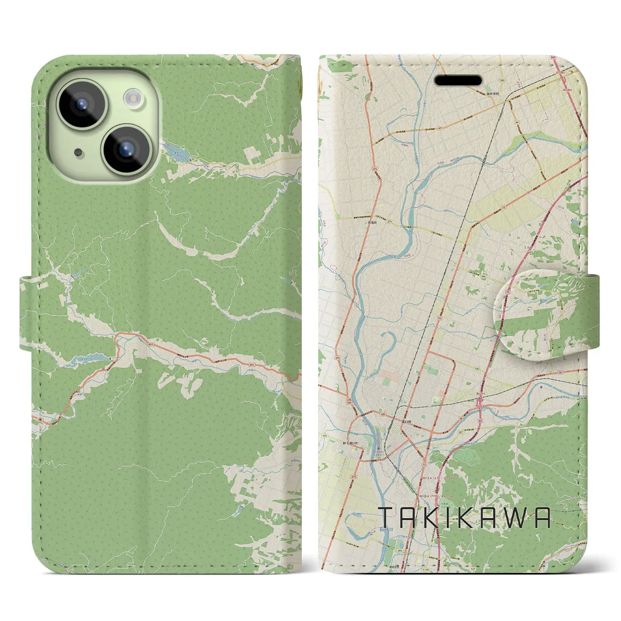 【滝川(北海道)】地図柄iPhoneケース(手帳タイプ)ナチュラル・iPhone 15 用