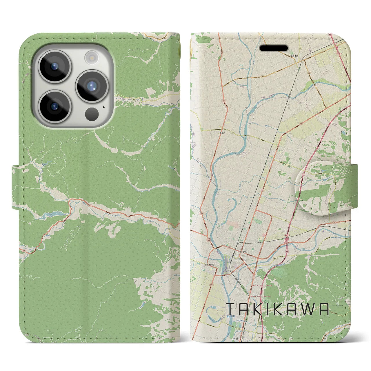 【滝川(北海道)】地図柄iPhoneケース(手帳タイプ)ナチュラル・iPhone 15 Pro 用