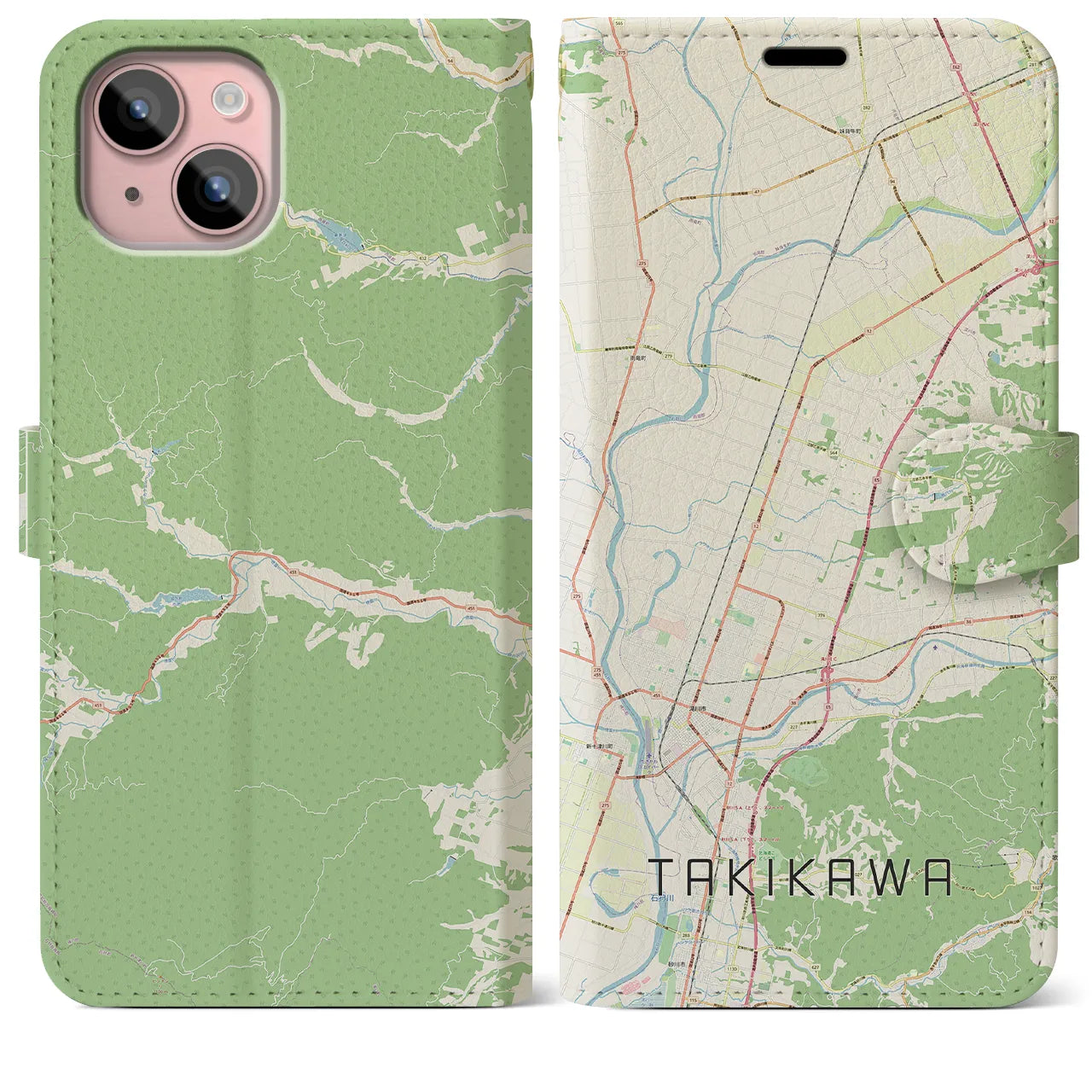 【滝川(北海道)】地図柄iPhoneケース(手帳タイプ)ナチュラル・iPhone 15 Plus 用