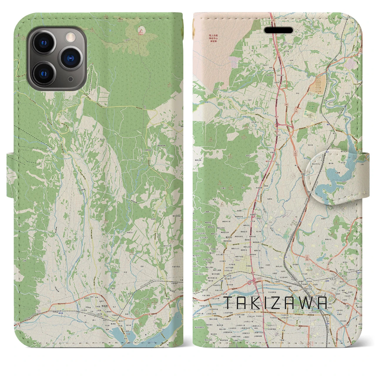 【滝沢(岩手県)】地図柄iPhoneケース(手帳タイプ)ナチュラル・iPhone 11 Pro Max 用