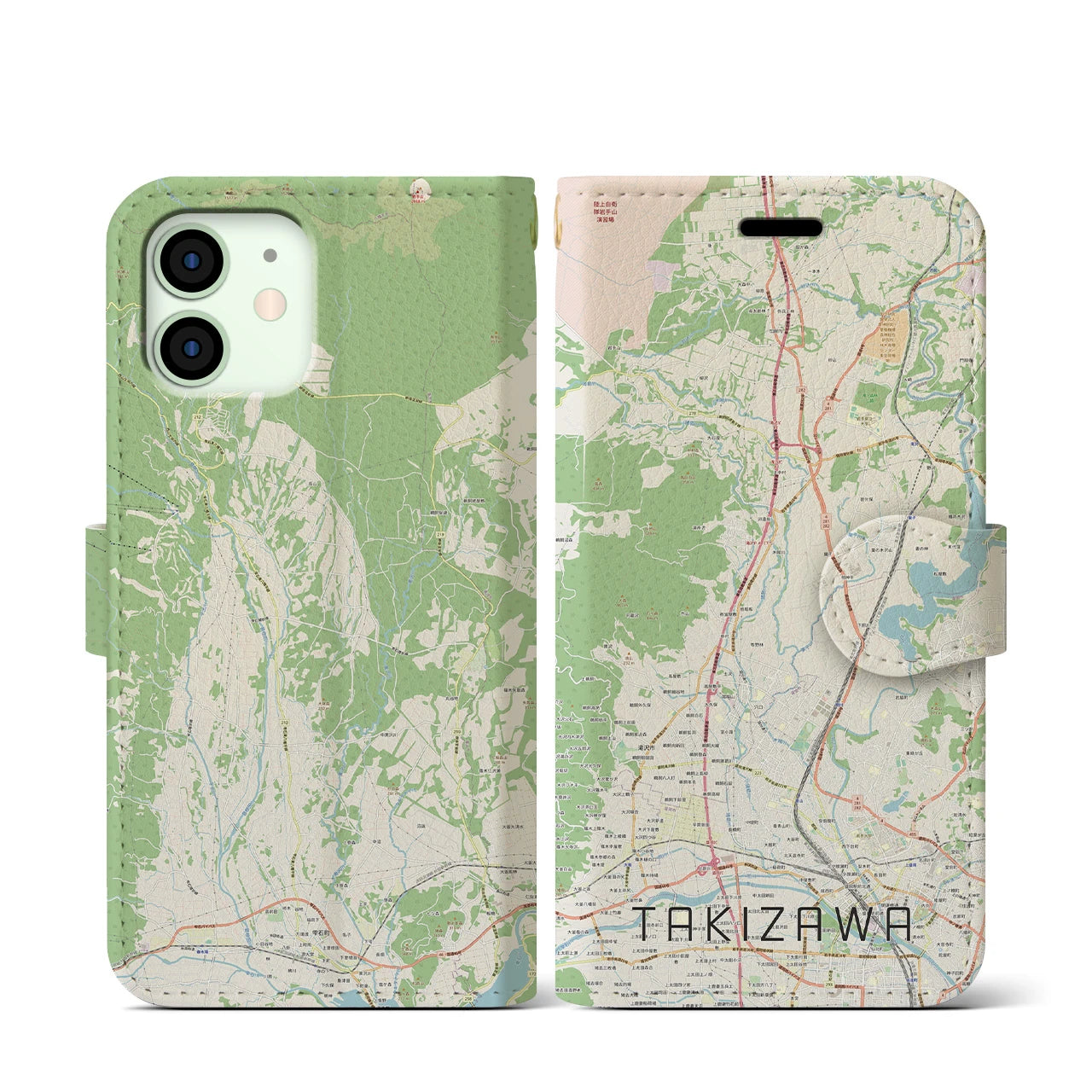 【滝沢(岩手県)】地図柄iPhoneケース(手帳タイプ)ナチュラル・iPhone 12 mini 用