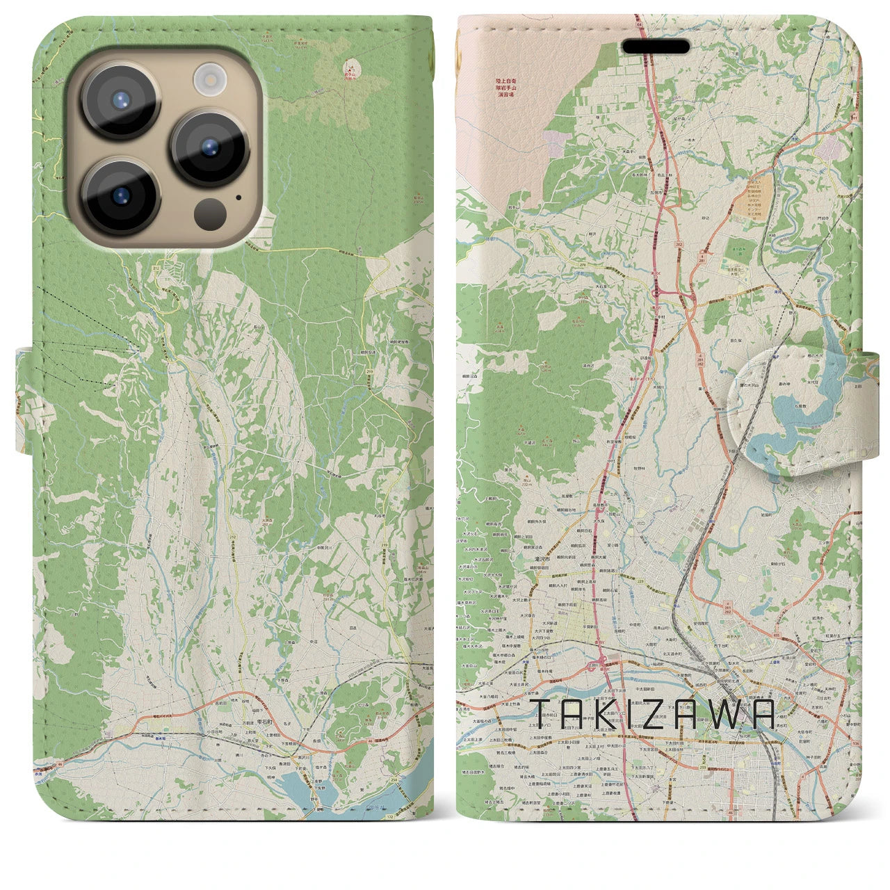 【滝沢(岩手県)】地図柄iPhoneケース(手帳タイプ)ナチュラル・iPhone 14 Pro Max 用