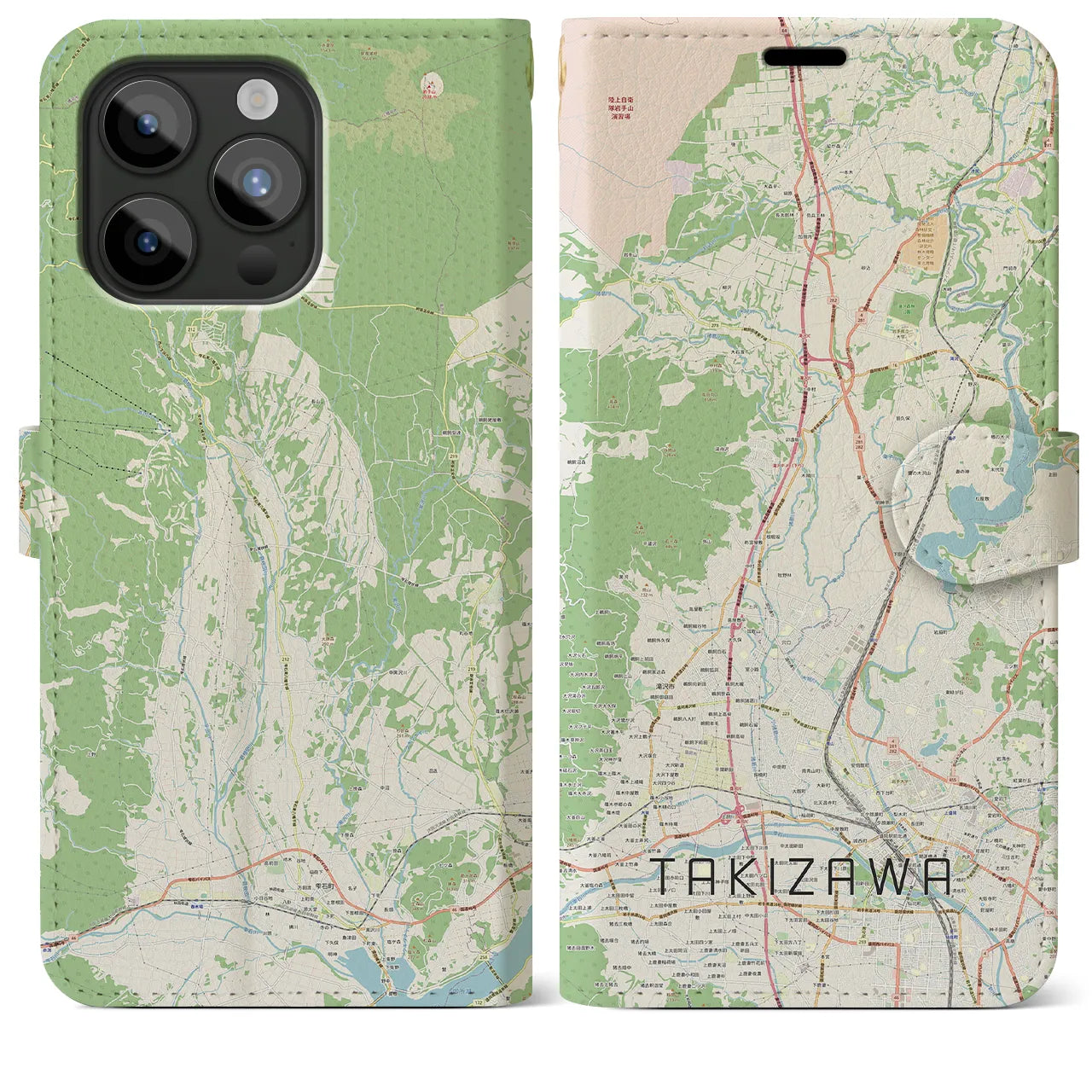 【滝沢(岩手県)】地図柄iPhoneケース(手帳タイプ)ナチュラル・iPhone 15 Pro Max 用