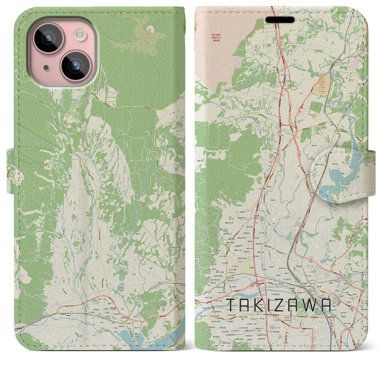 【滝沢(岩手県)】地図柄iPhoneケース(手帳タイプ)ナチュラル・iPhone 15 Plus 用