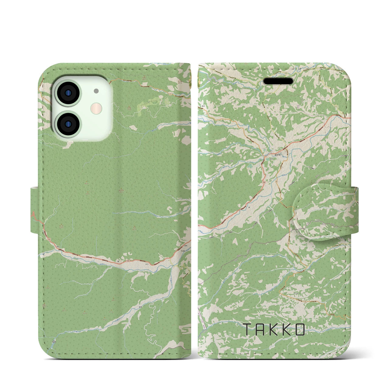 【田子(青森県)】地図柄iPhoneケース(手帳タイプ)ナチュラル・iPhone 12 mini 用
