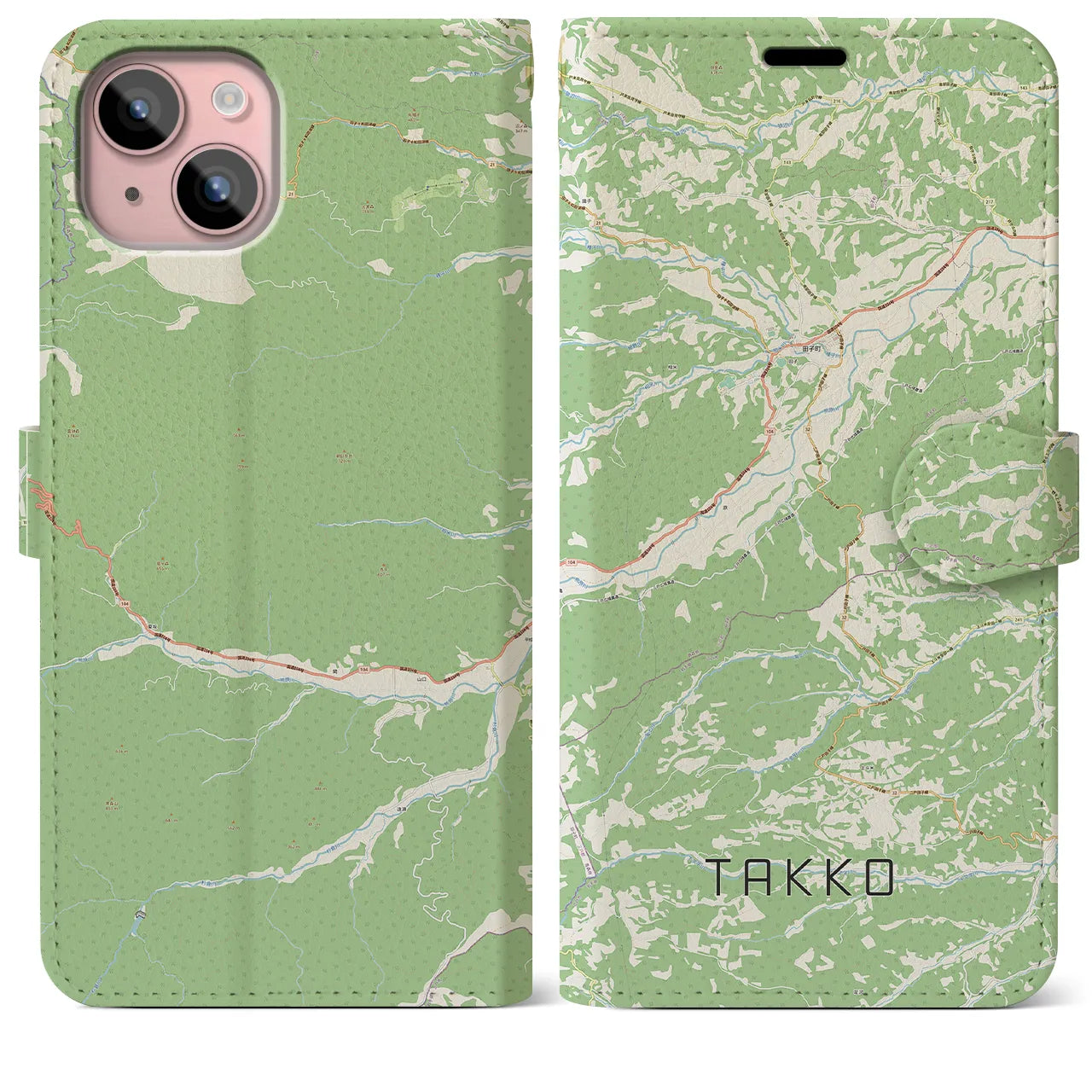 【田子(青森県)】地図柄iPhoneケース(手帳タイプ)ナチュラル・iPhone 15 Plus 用
