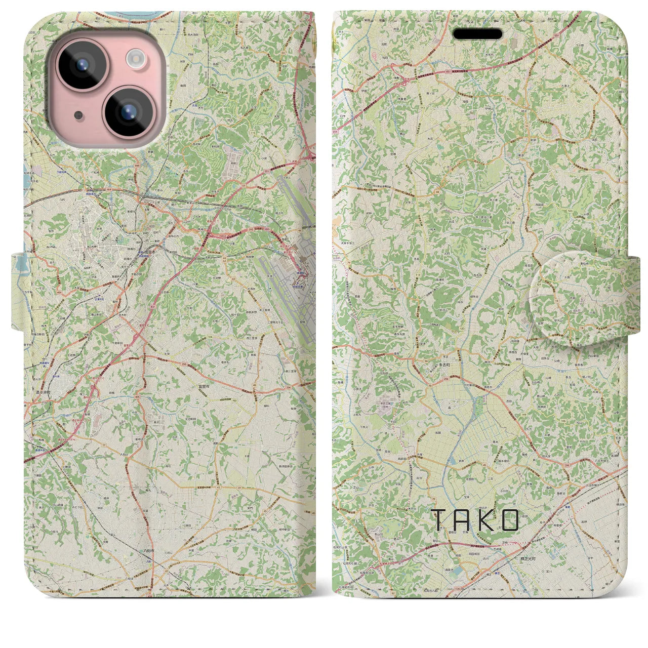 【多古(千葉県)】地図柄iPhoneケース(手帳タイプ)ナチュラル・iPhone 15 Plus 用