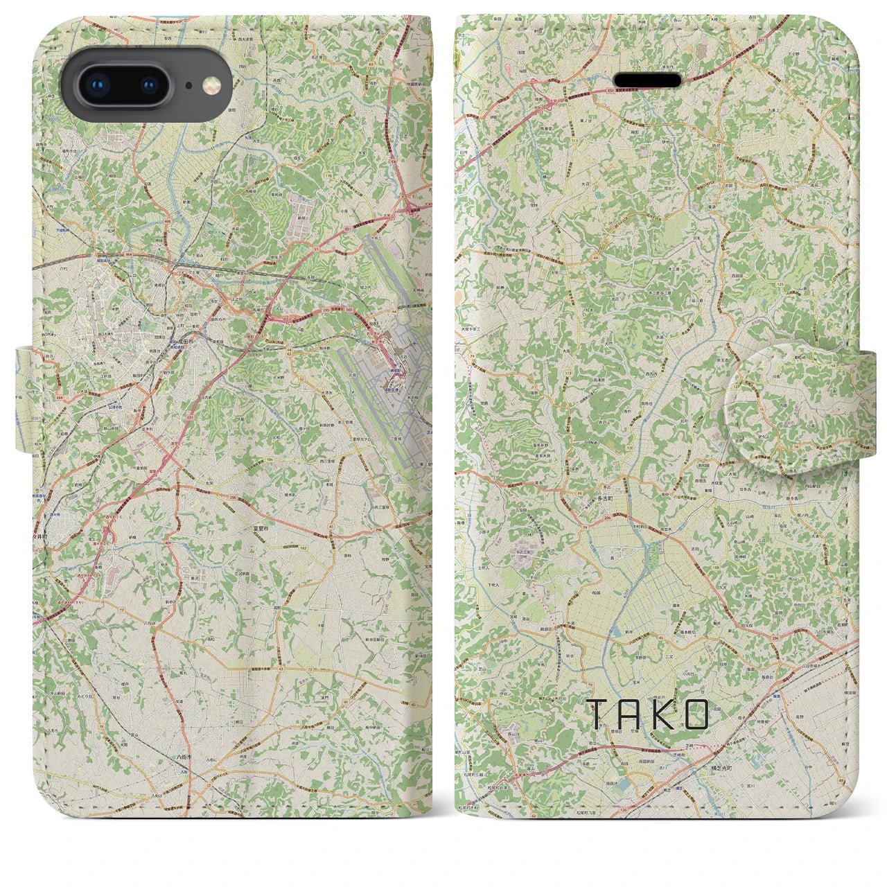 【多古(千葉県)】地図柄iPhoneケース(手帳タイプ)ナチュラル・iPhone 8Plus /7Plus / 6sPlus / 6Plus 用