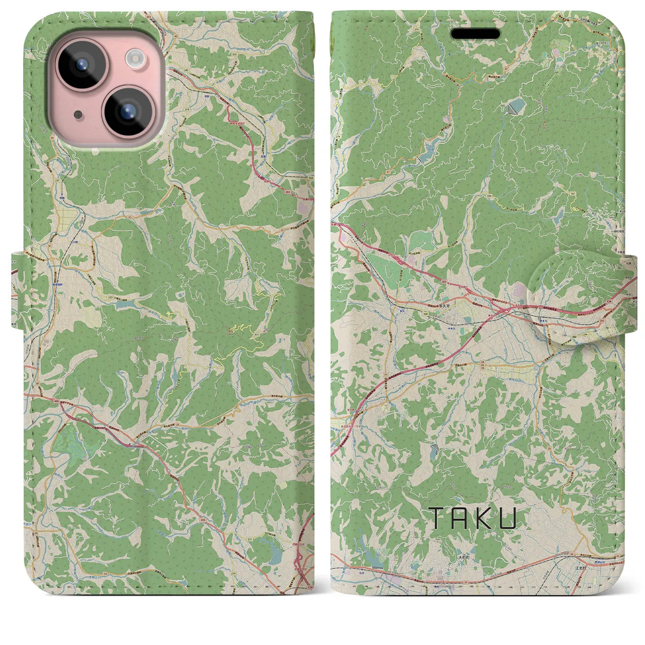 【多久(佐賀県)】地図柄iPhoneケース(手帳タイプ)ナチュラル・iPhone 15 Plus 用