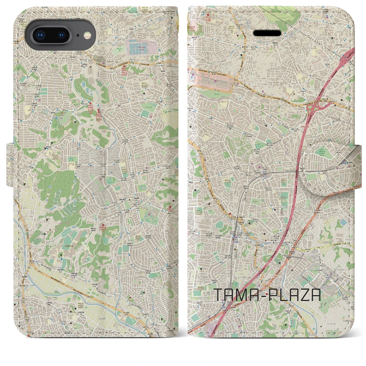 【たまプラーザ(神奈川県)】地図柄iPhoneケース(手帳タイプ)ナチュラル・iPhone 8Plus /7Plus / 6sPlus / 6Plus 用