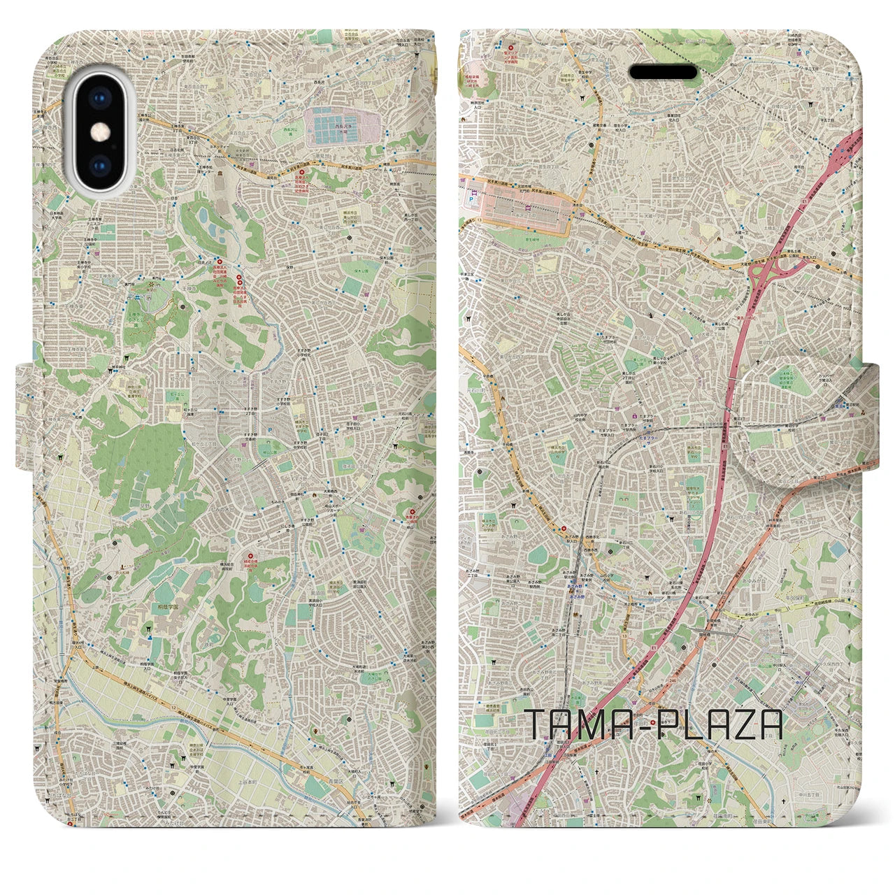 【たまプラーザ(神奈川県)】地図柄iPhoneケース(手帳タイプ)ナチュラル・iPhone XS Max 用