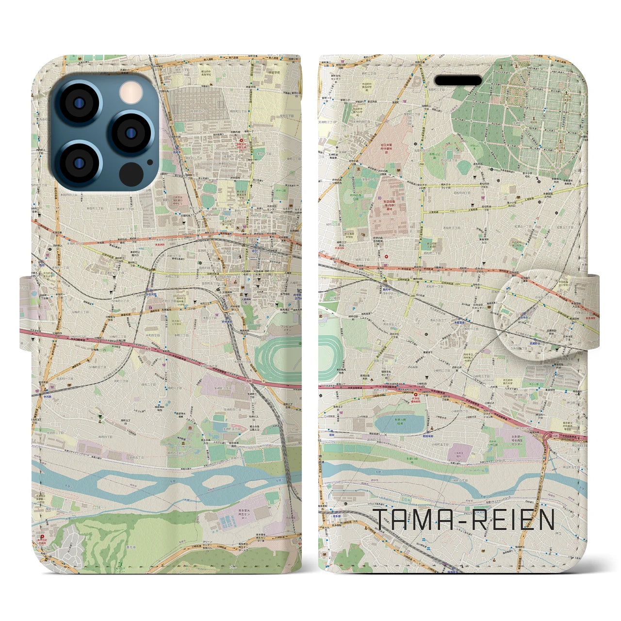 【多磨霊園(東京都)】地図柄iPhoneケース(手帳タイプ)ナチュラル・iPhone 12 / 12 Pro 用