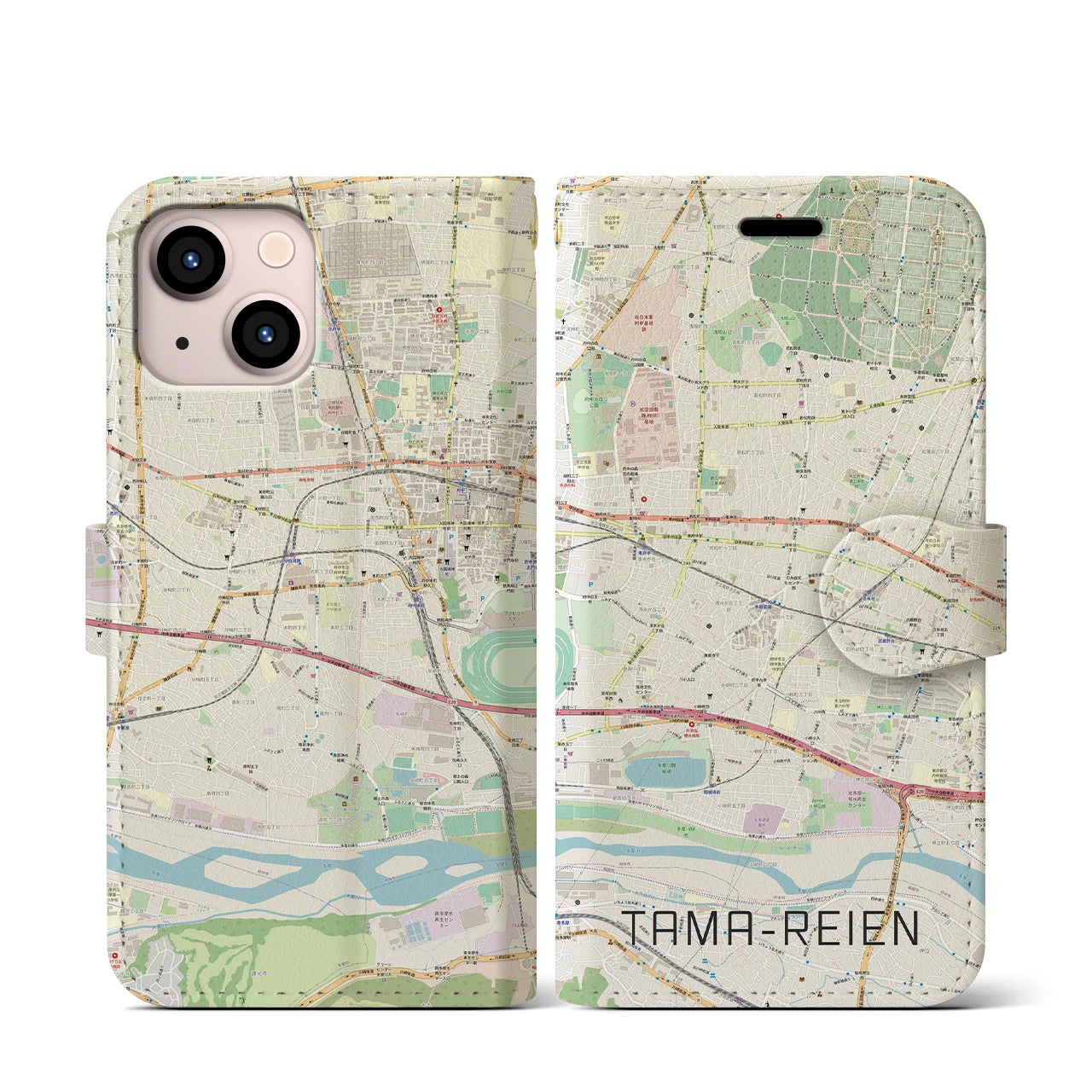 【多磨霊園(東京都)】地図柄iPhoneケース(手帳タイプ)ナチュラル・iPhone 13 mini 用