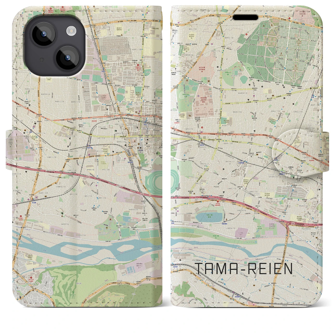 【多磨霊園(東京都)】地図柄iPhoneケース(手帳タイプ)ナチュラル・iPhone 14 Plus 用