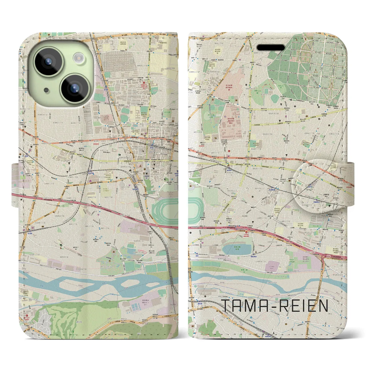 【多磨霊園(東京都)】地図柄iPhoneケース(手帳タイプ)ナチュラル・iPhone 15 用