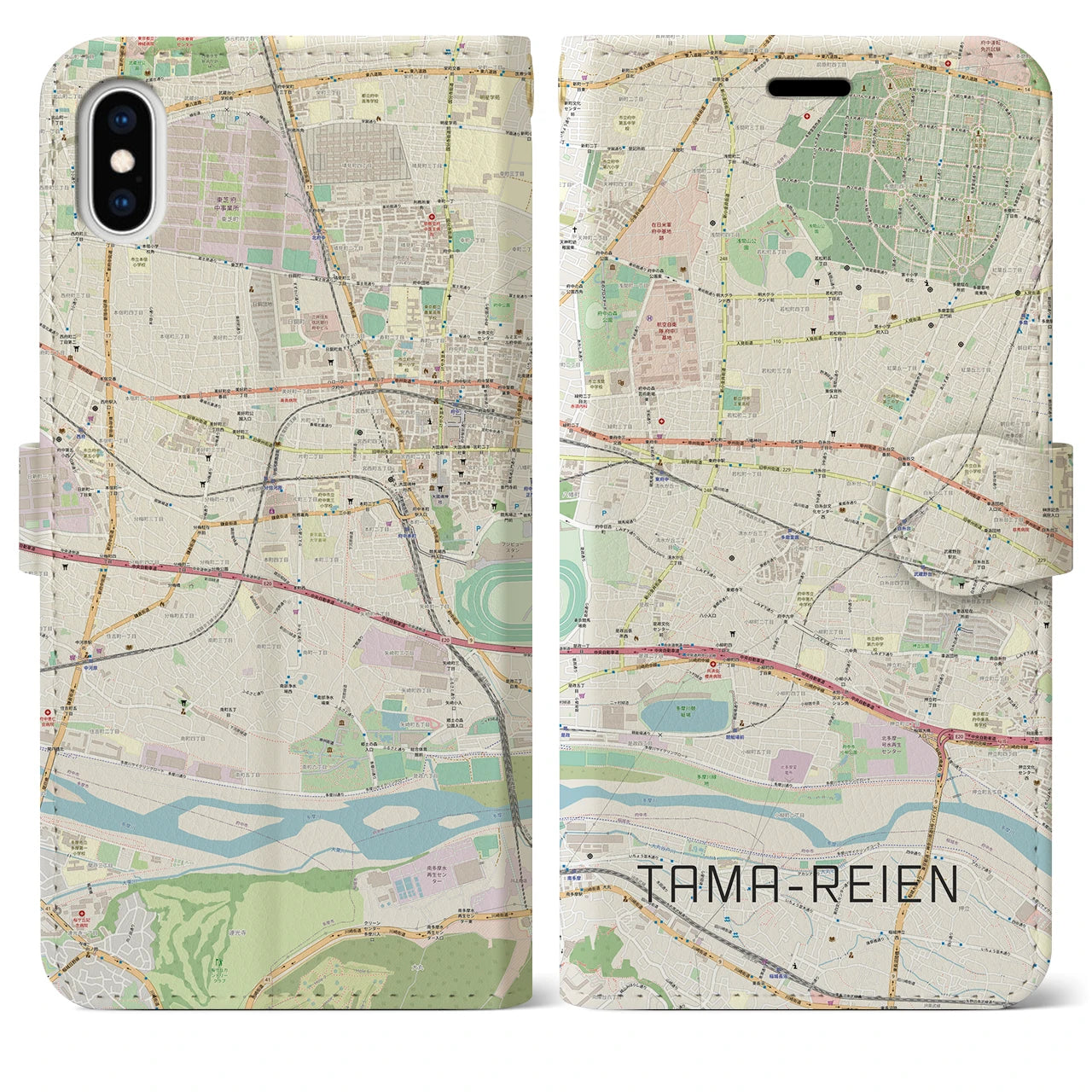 【多磨霊園(東京都)】地図柄iPhoneケース(手帳タイプ)ナチュラル・iPhone XS Max 用
