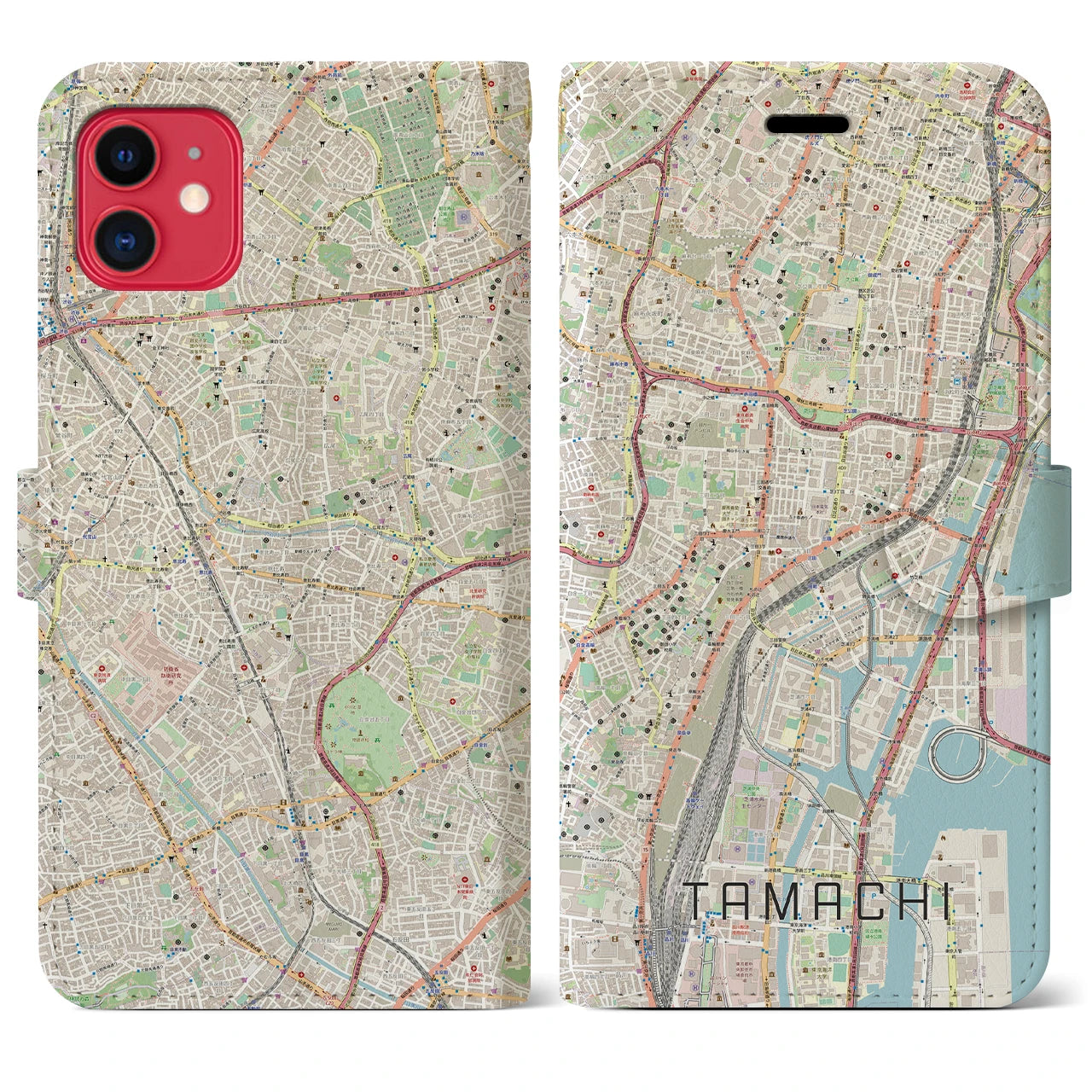 【田町(東京都)】地図柄iPhoneケース(手帳タイプ)ナチュラル・iPhone 11 用