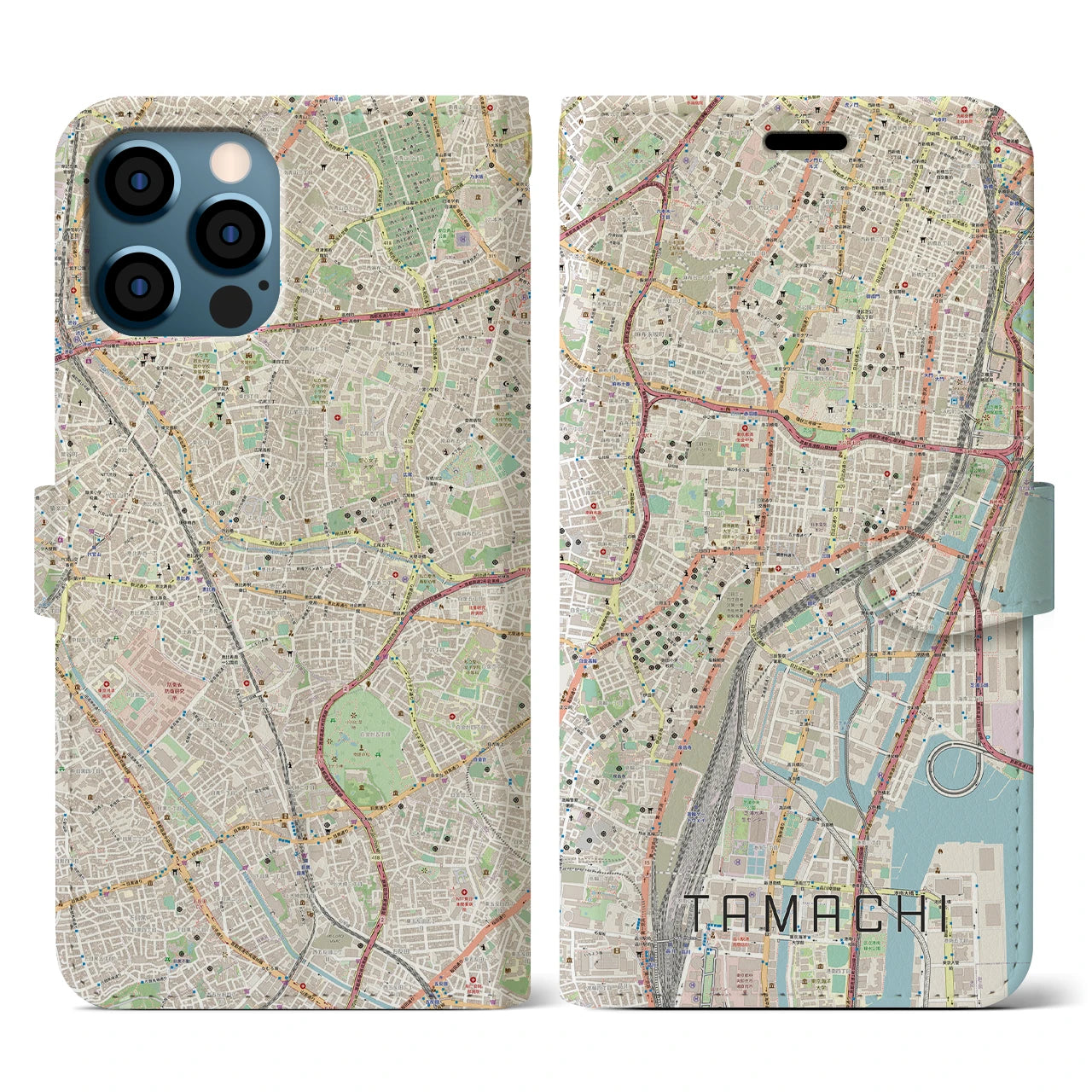 【田町(東京都)】地図柄iPhoneケース(手帳タイプ)ナチュラル・iPhone 12 / 12 Pro 用