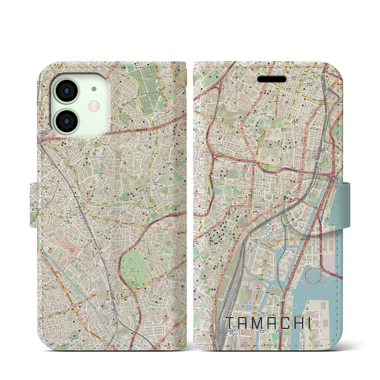 【田町(東京都)】地図柄iPhoneケース(手帳タイプ)ナチュラル・iPhone 12 mini 用