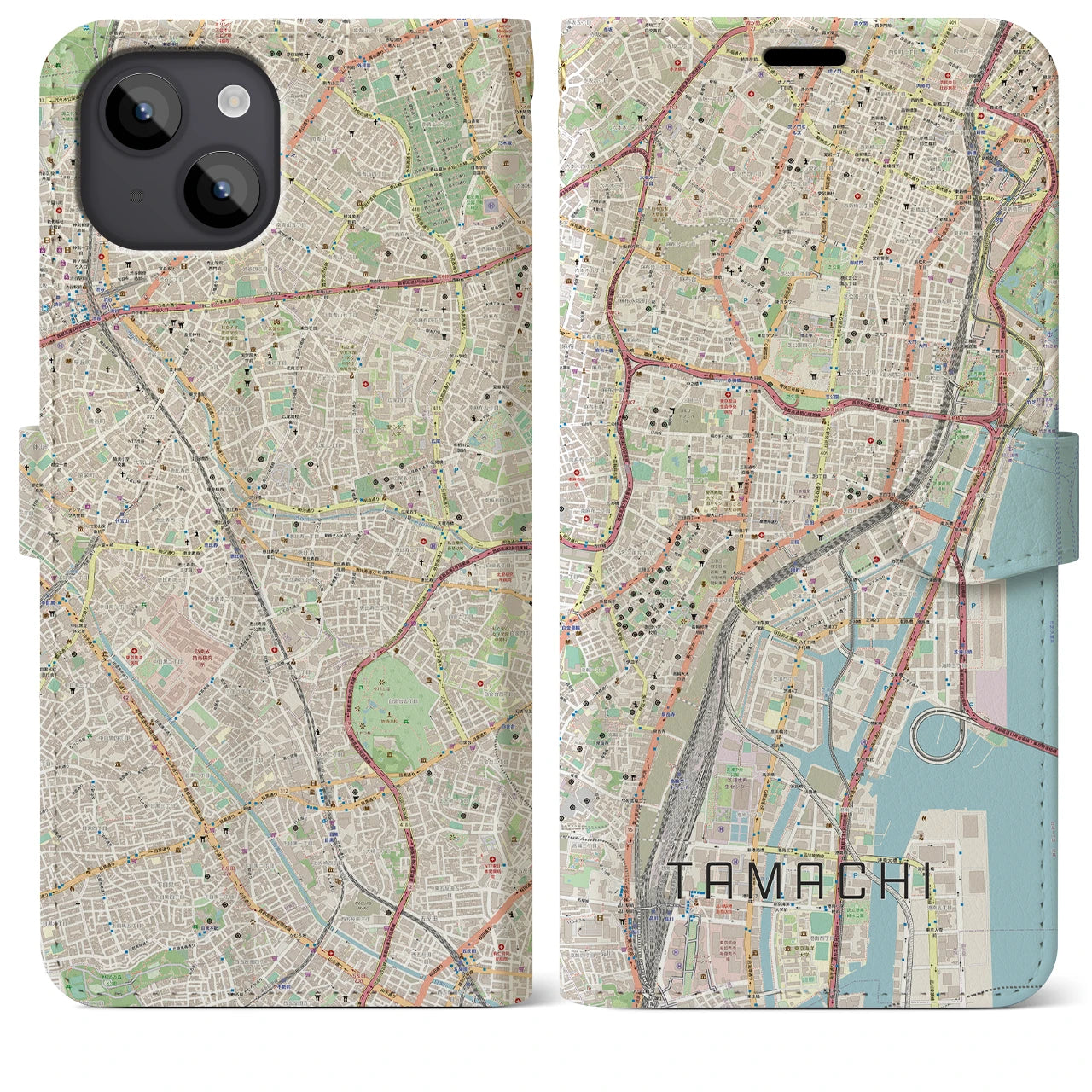 【田町(東京都)】地図柄iPhoneケース(手帳タイプ)ナチュラル・iPhone 14 Plus 用