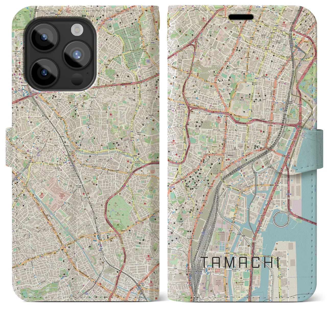【田町(東京都)】地図柄iPhoneケース(手帳タイプ)ナチュラル・iPhone 15 Pro Max 用