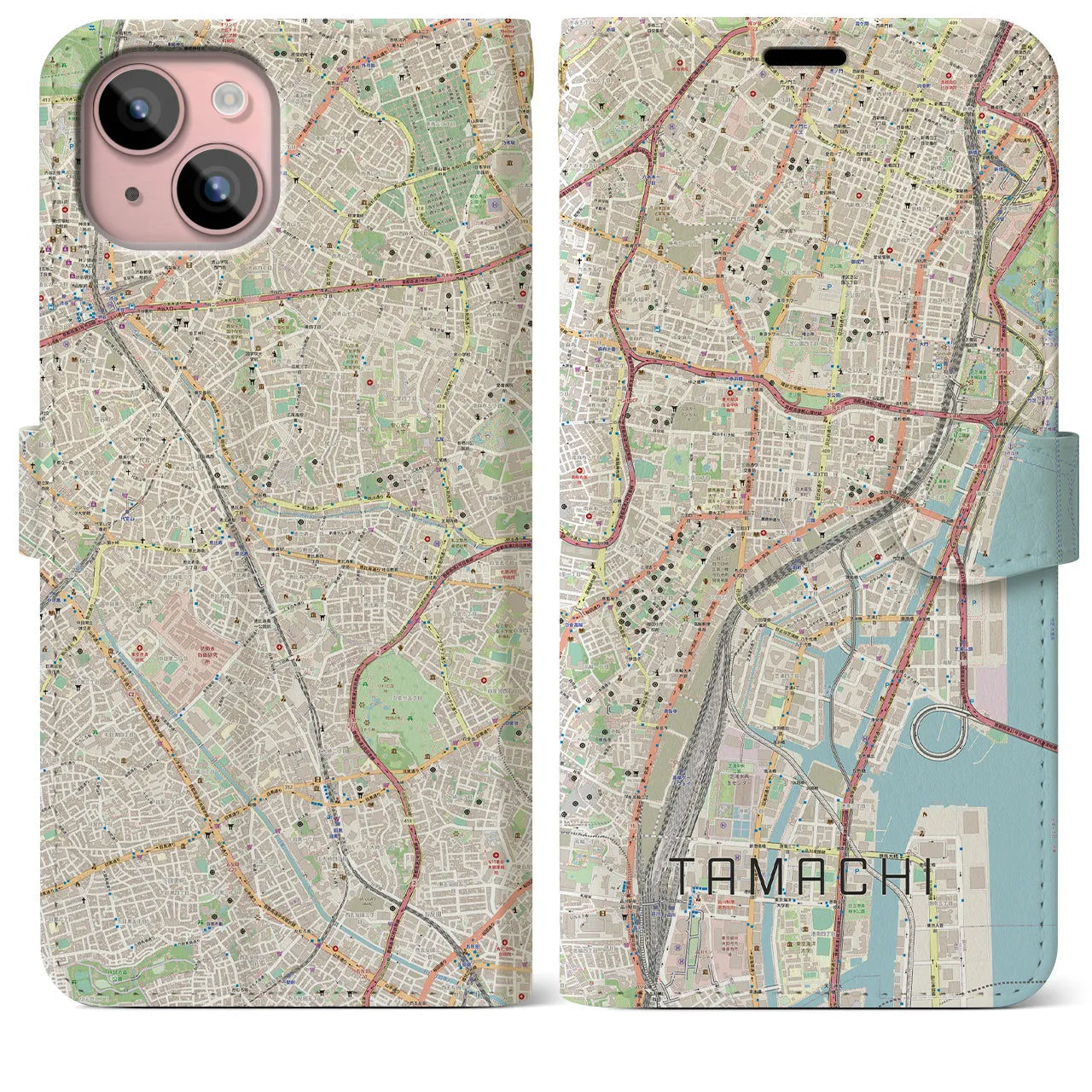【田町(東京都)】地図柄iPhoneケース(手帳タイプ)ナチュラル・iPhone 15 Plus 用